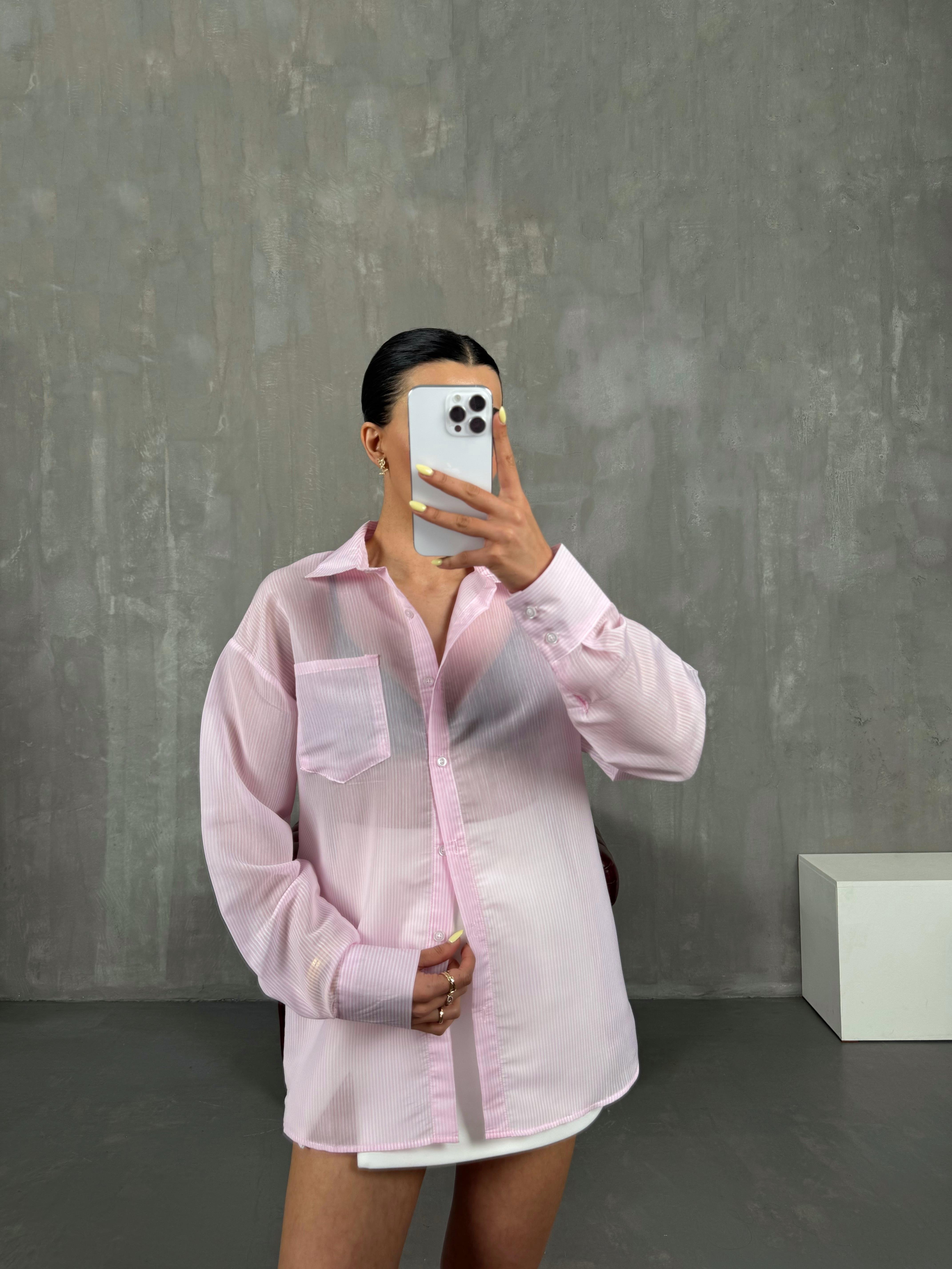 Pembe Çizgili Hafif Transparan Muadil Gömlek Gaus00153GausGÖMLEKGU1001353