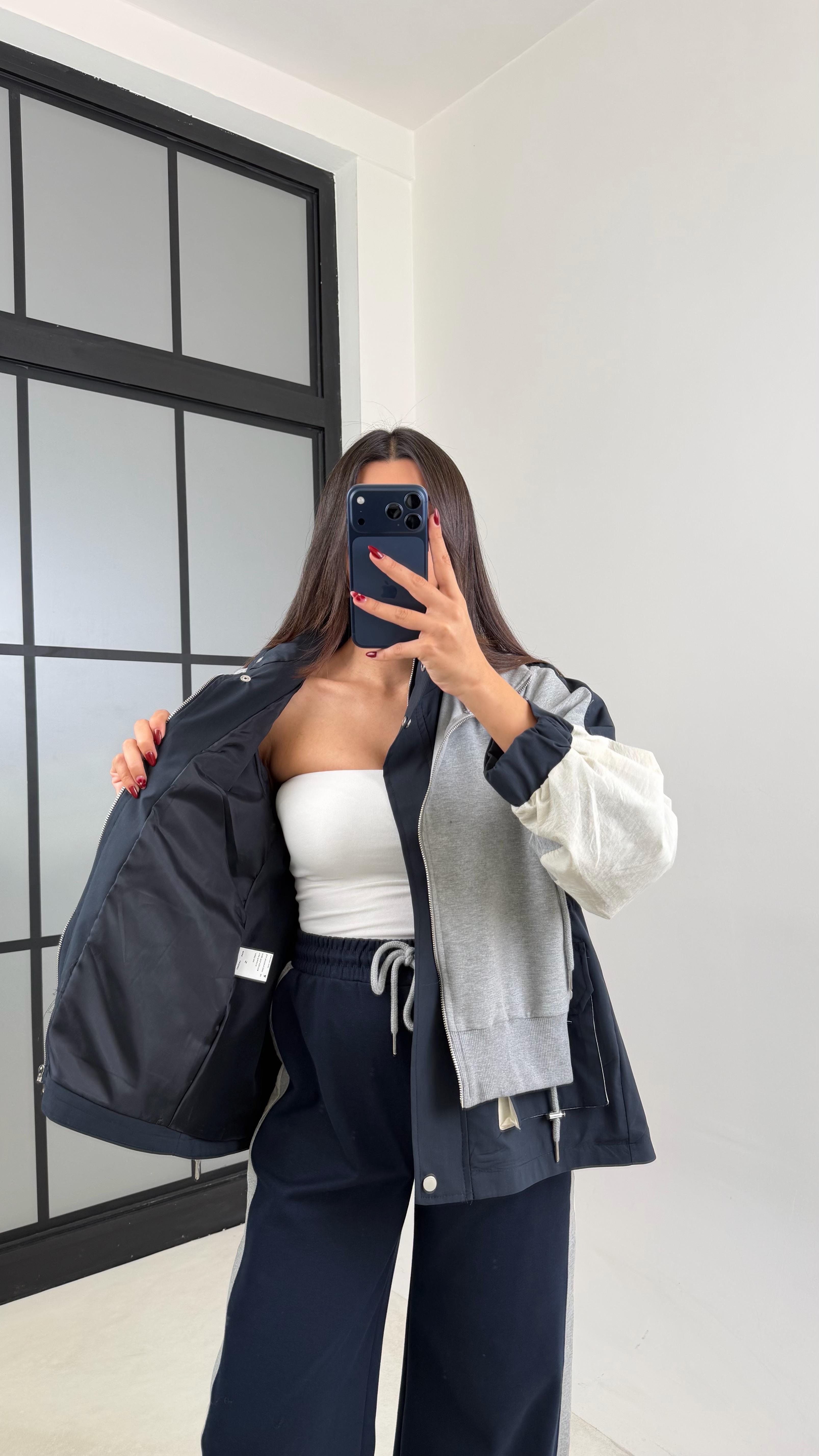 Lacivert Garnili Ceket Beli Lastikli Pantolon İkili Tasarım Takım GAUS-00699GAUSTAKIMGAUS-00699