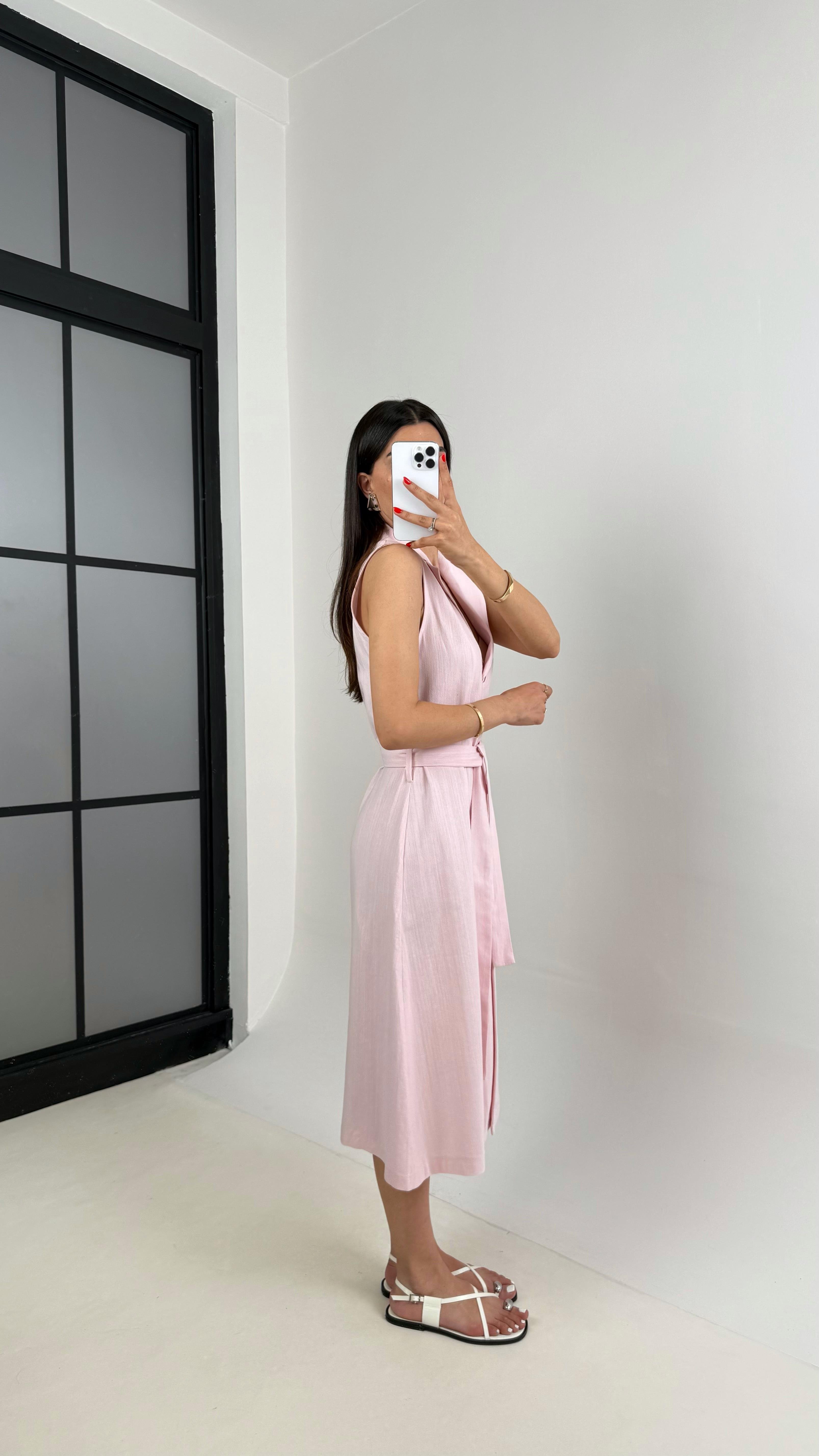 Pembe V Yaka Önü Düğmeli Kuşaklı Keten Elbise Gaus00461 GausELBİSEGU1002077