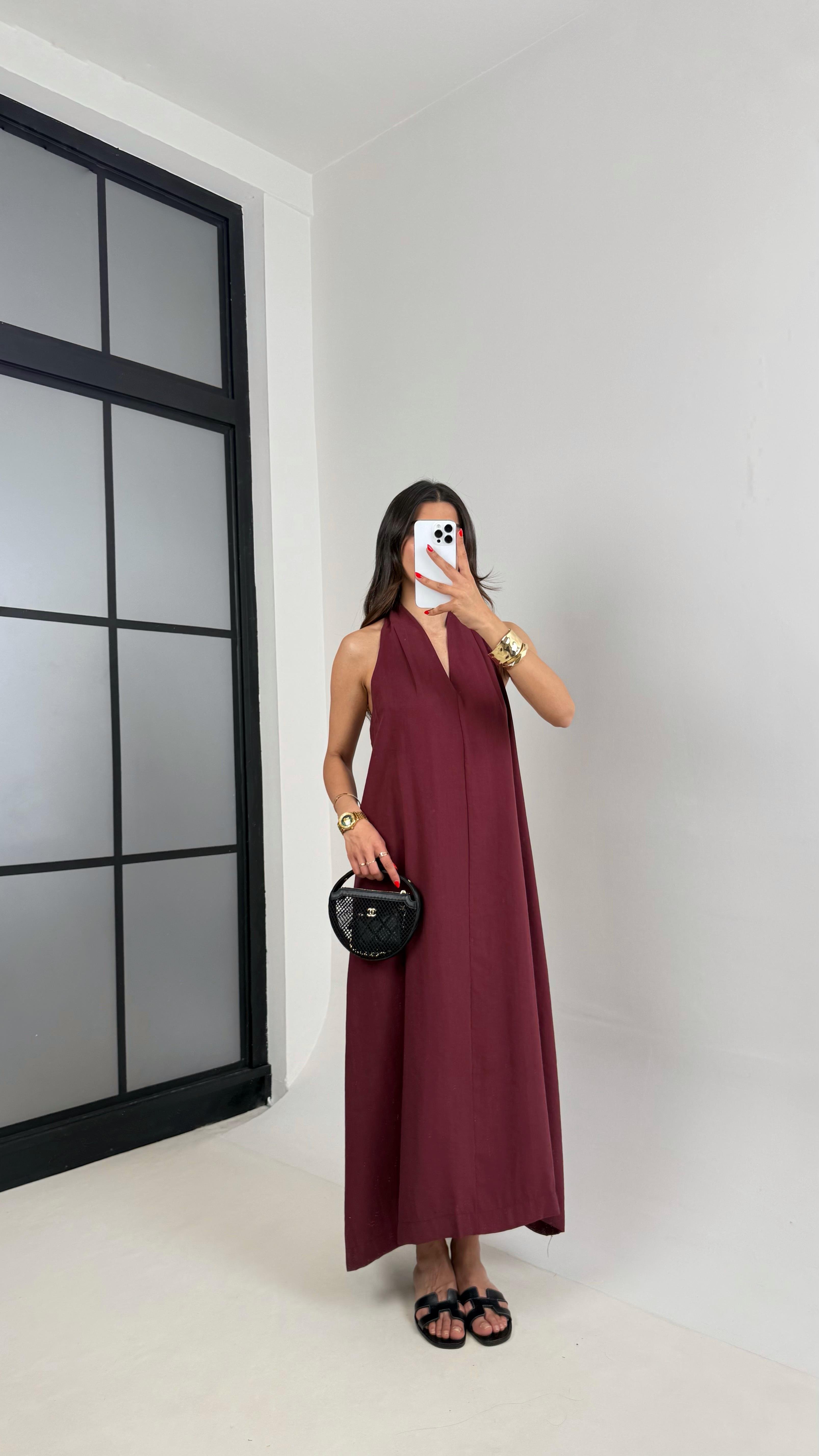 Bordo V Yaka Sırt Detaylı Premium Tencel Elbise Gaus00481 GausELBİSEGU1002127