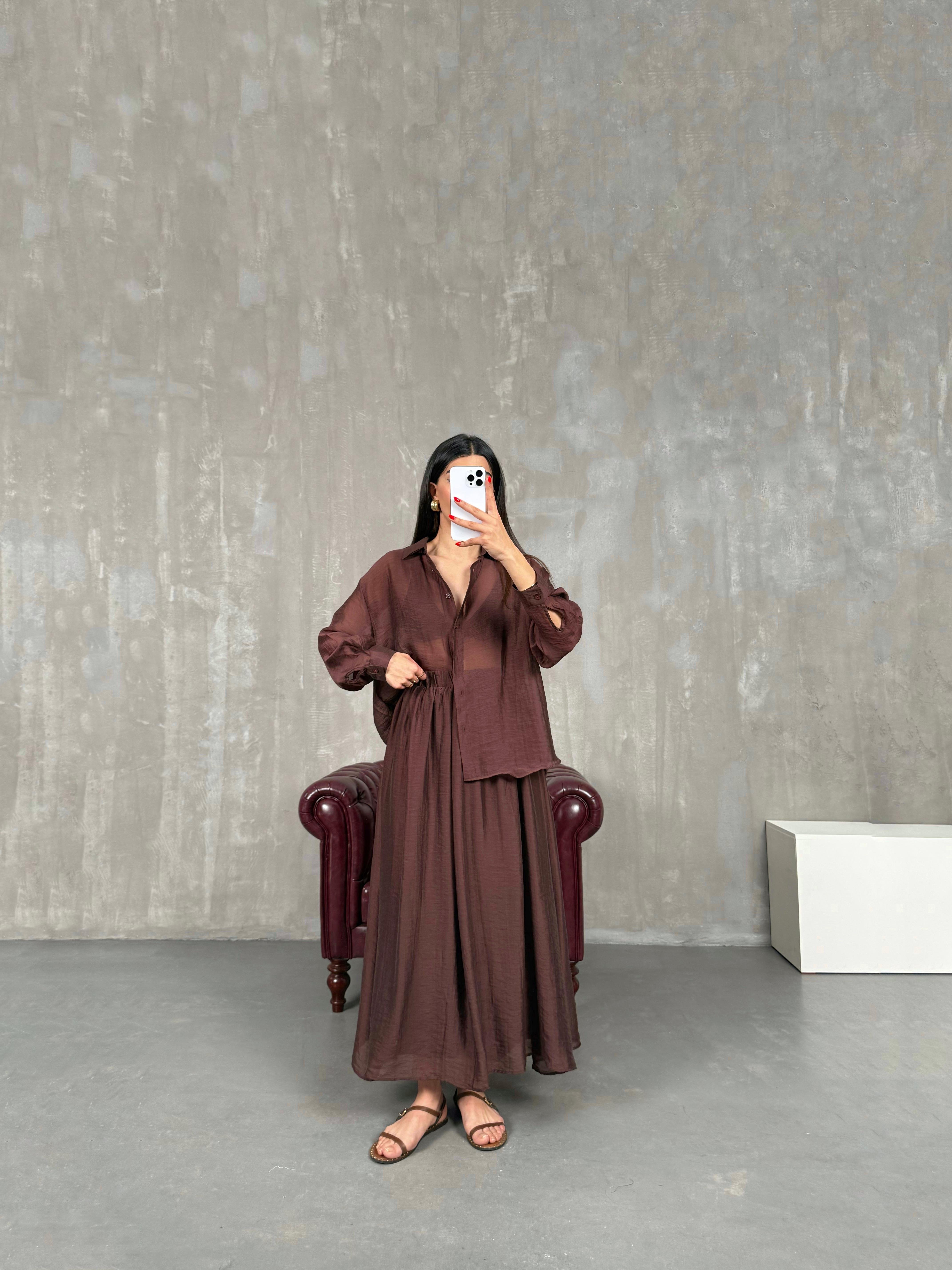 Kahve Gömlek Astarlı Beli Lastikli Etek Kırışık Tensel Takım Gaus00158GausTAKIMGU1001364