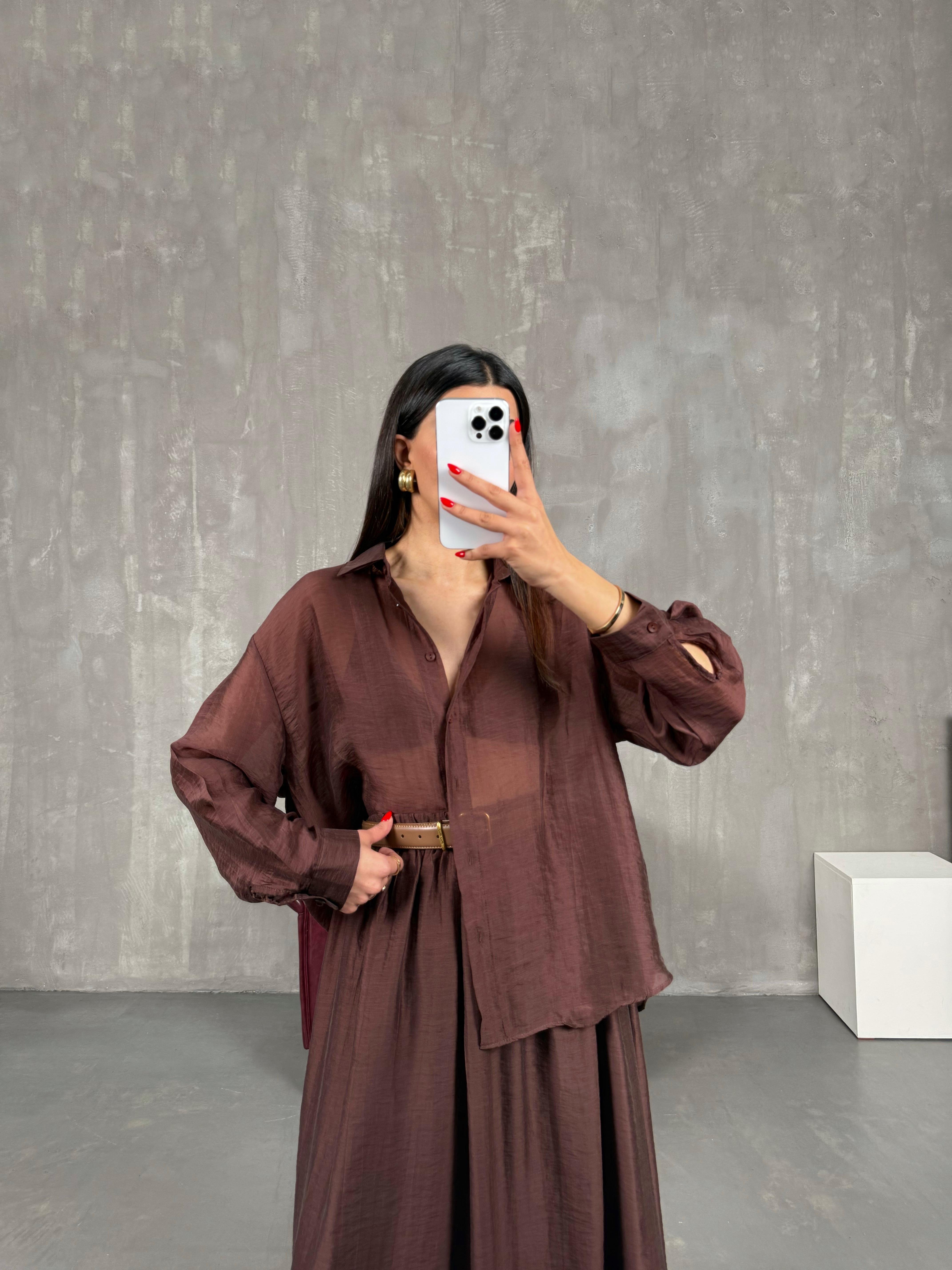 Kahve Gömlek Astarlı Beli Lastikli Etek Kırışık Tensel Takım Gaus00158GausTAKIMGU1001364