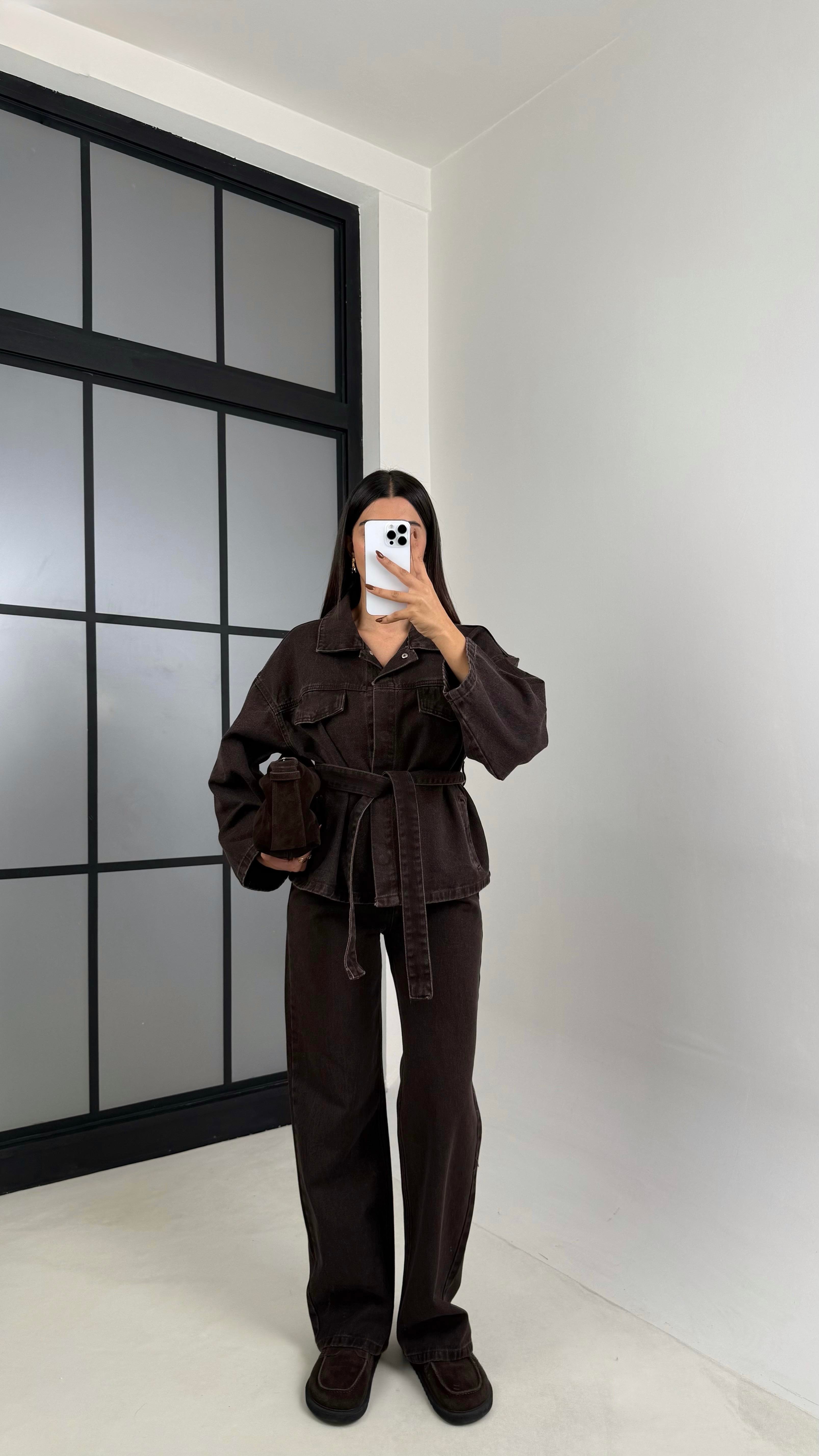 Acı Kahve Kuşaklı Denim Takım GAUS-00221GAUSTAKIMGAUS-00221