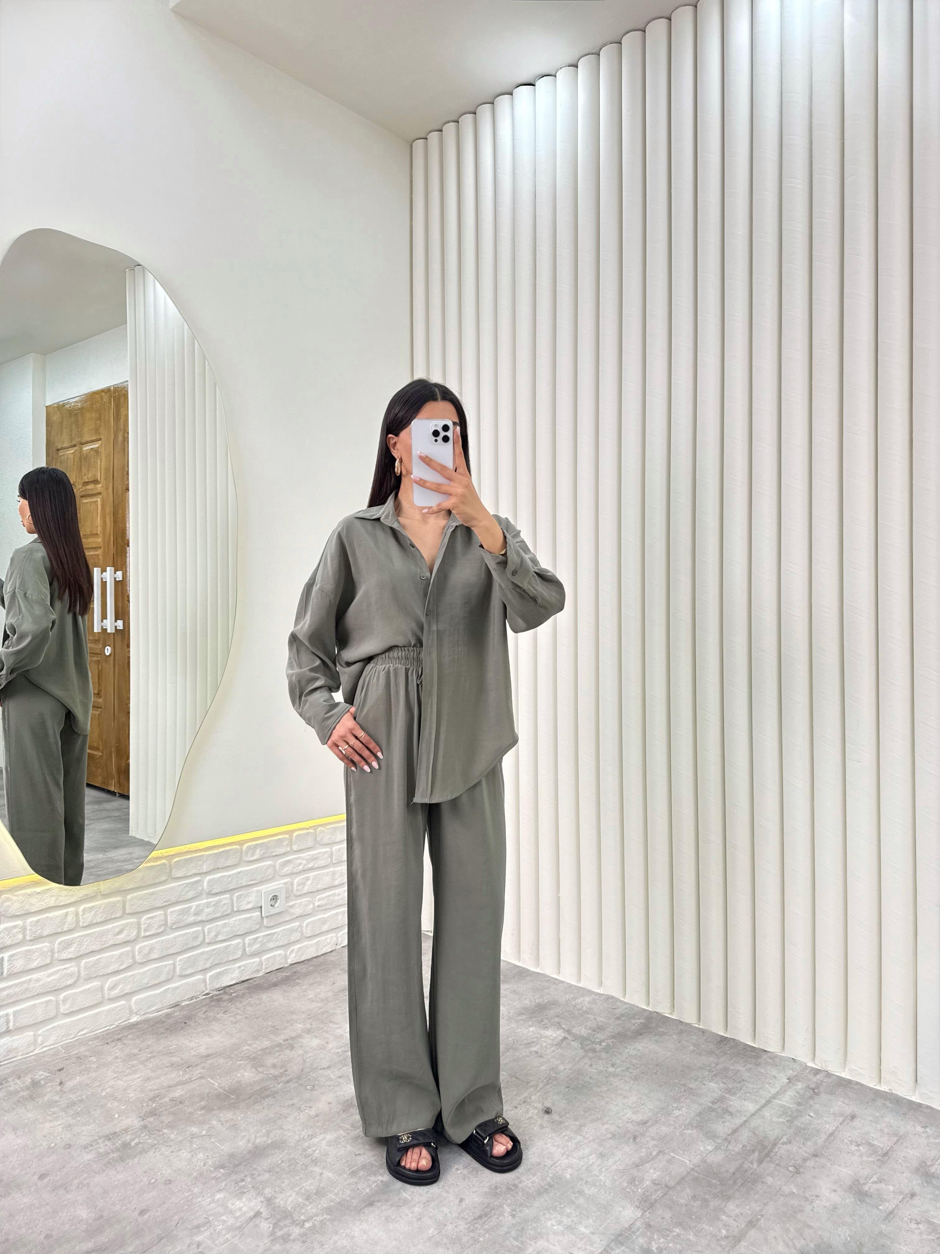 Haki Gömlek Beli Lastikli Pantolon Premium Tensel Takım Gaus00322GausTAKIMGU1001745