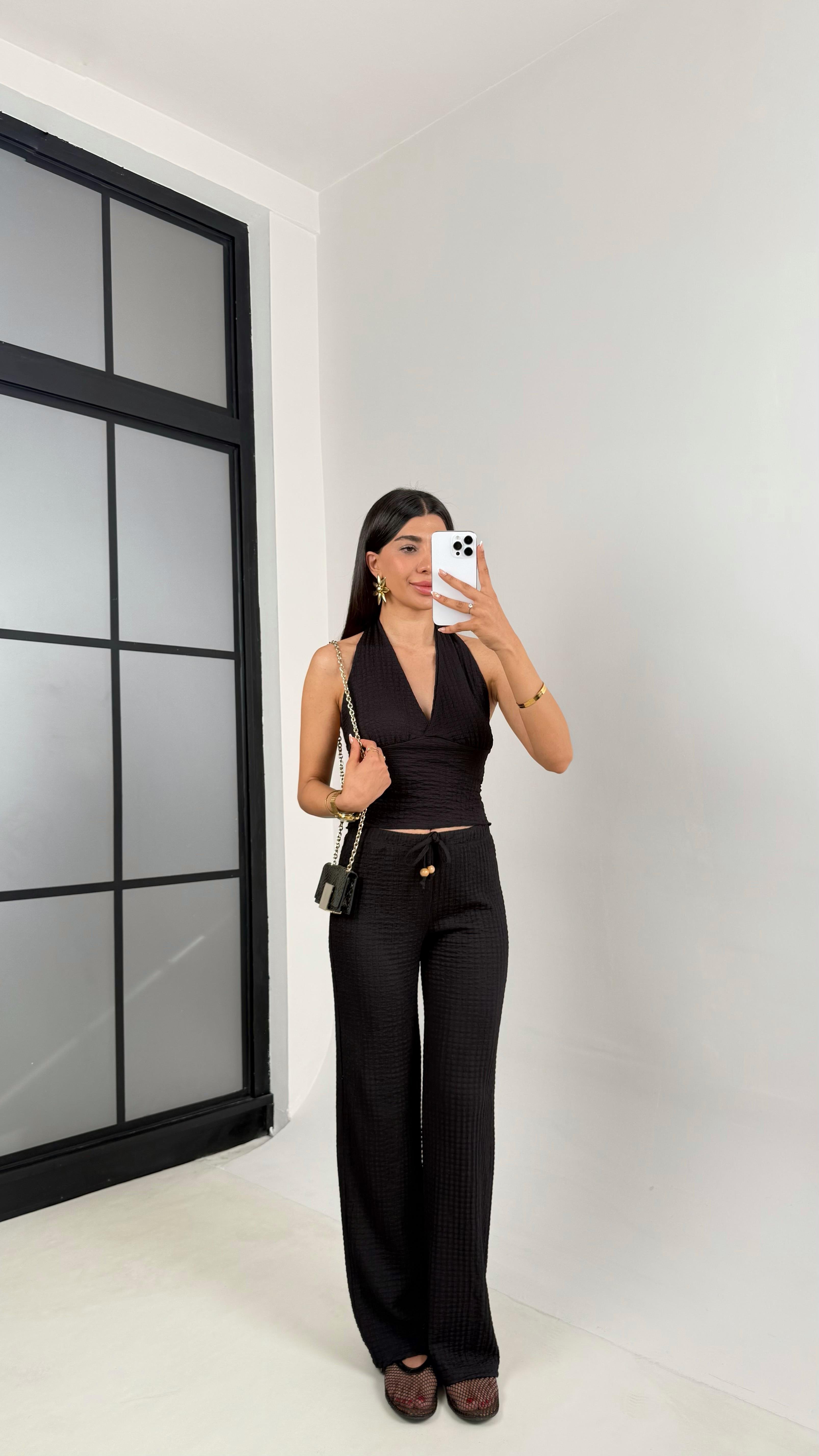 Siyah Boyundan Askılı Sırt Dekolteli Crop Beli Lastikli Pantolon İkili Bürümcük Takım Gaus00609GausTAKIMGU1002425