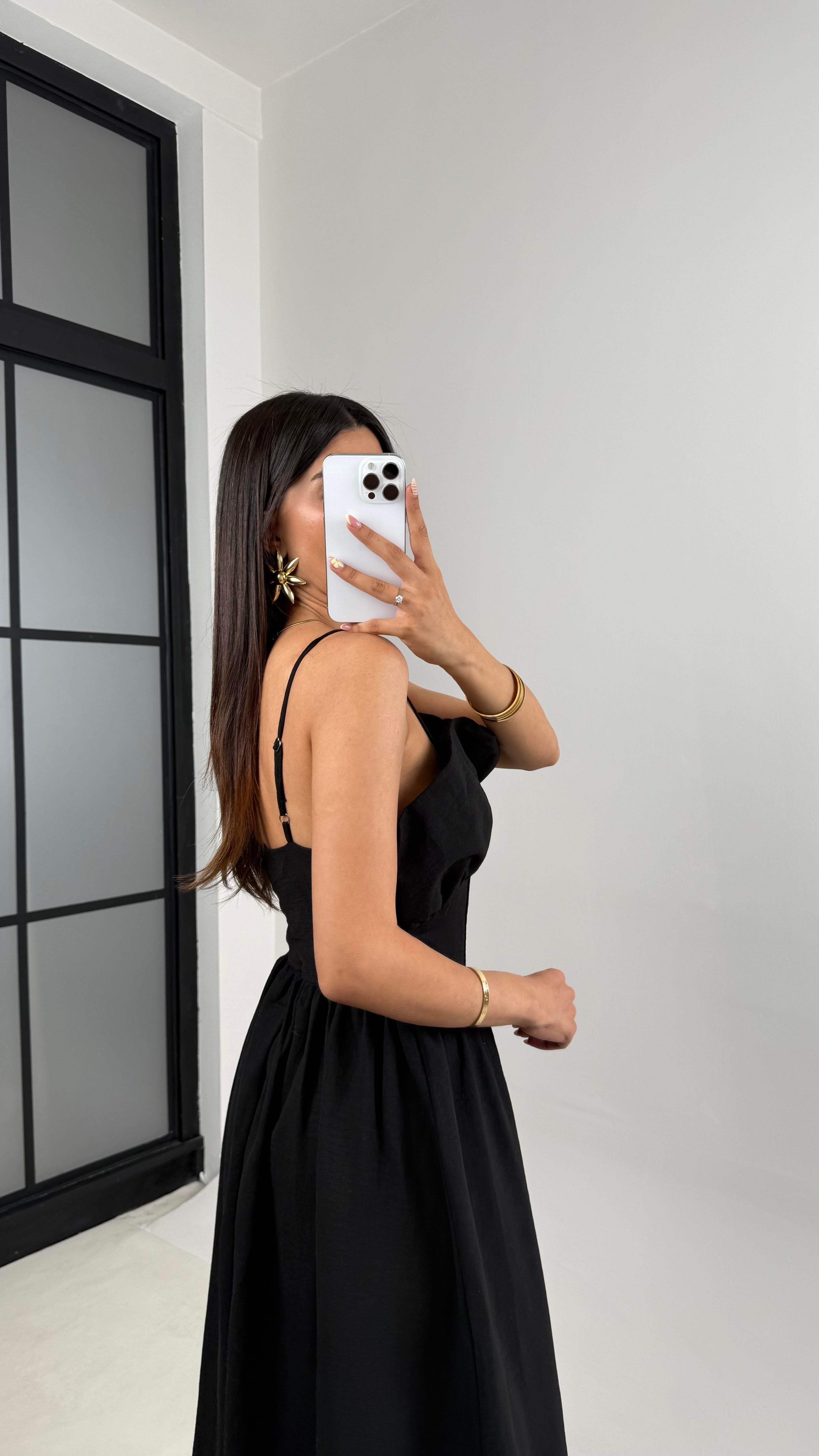 Siyah Ayarlanabilir Askılı Korse Detaylı Astarlı Keten Elbise Gaus00640GausELBİSEGU1002490