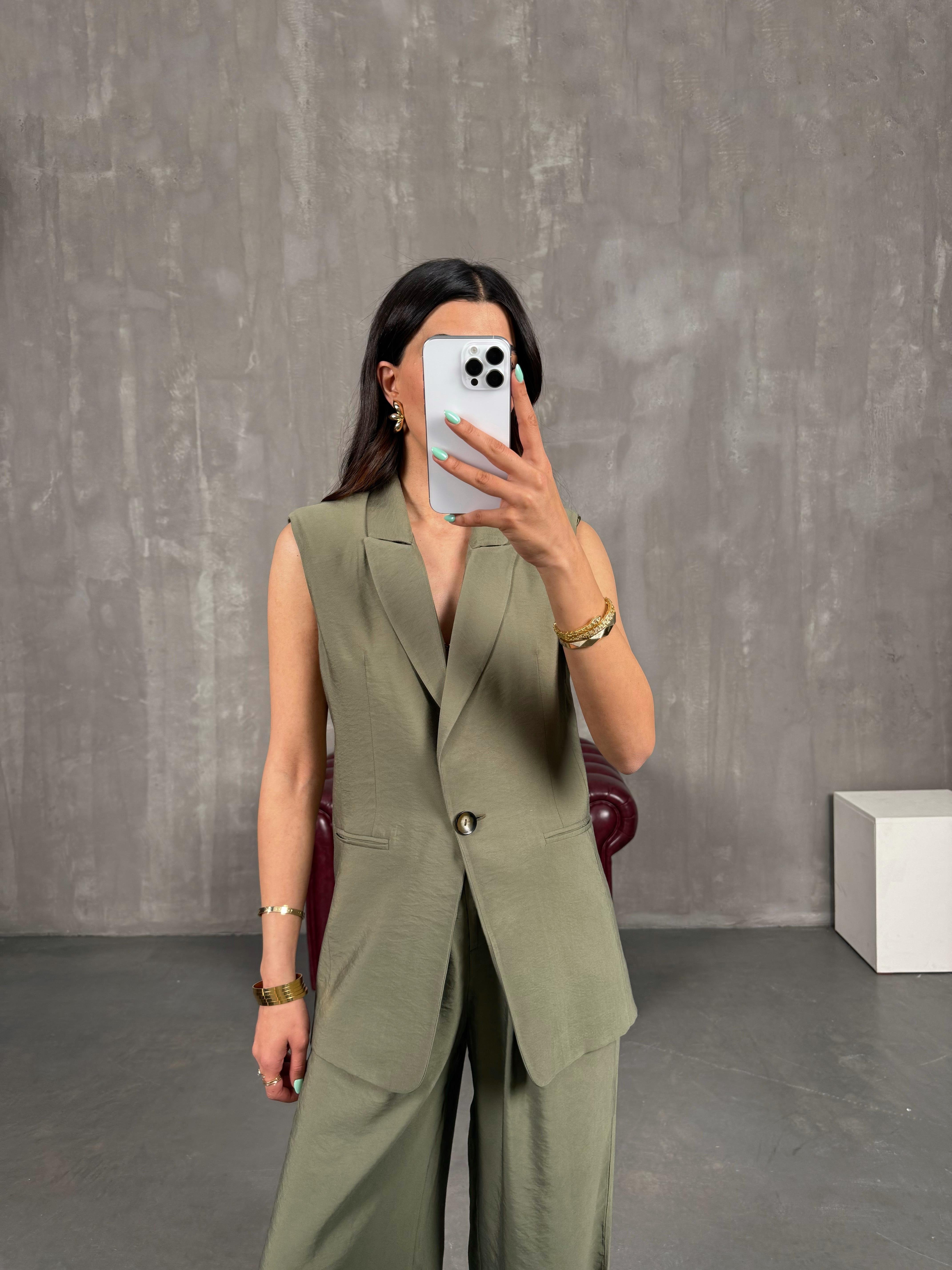 Haki Astarlı Vatkalı Yelekli Beli Lastikli Pantolon İkili Tensel Takım Gaus00233GausTAKIMGU1001537