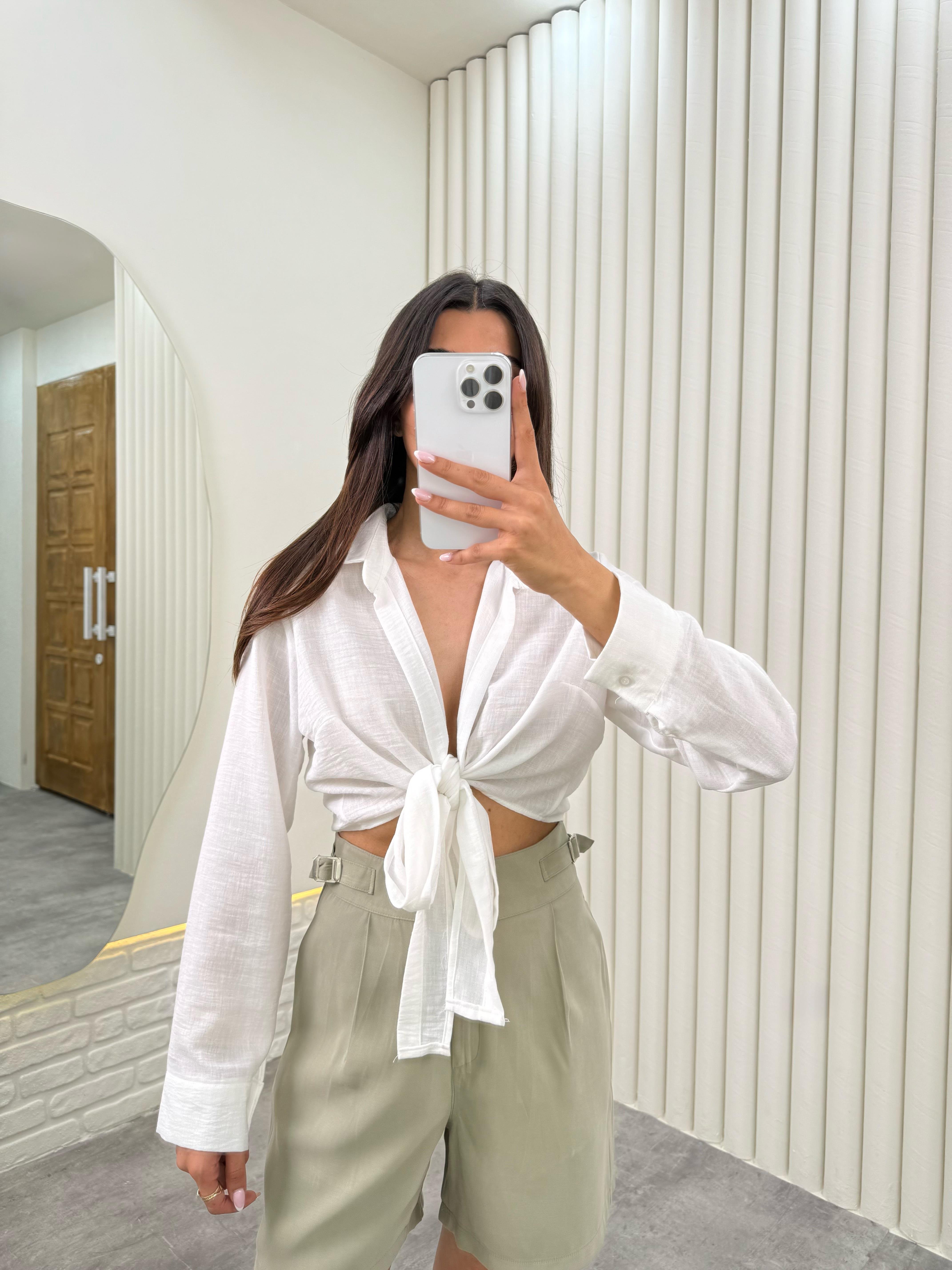 Beyaz  Önü Bağlamalı Premium Keten Gömlek Gaus00319GausGÖMLEKGU1001734