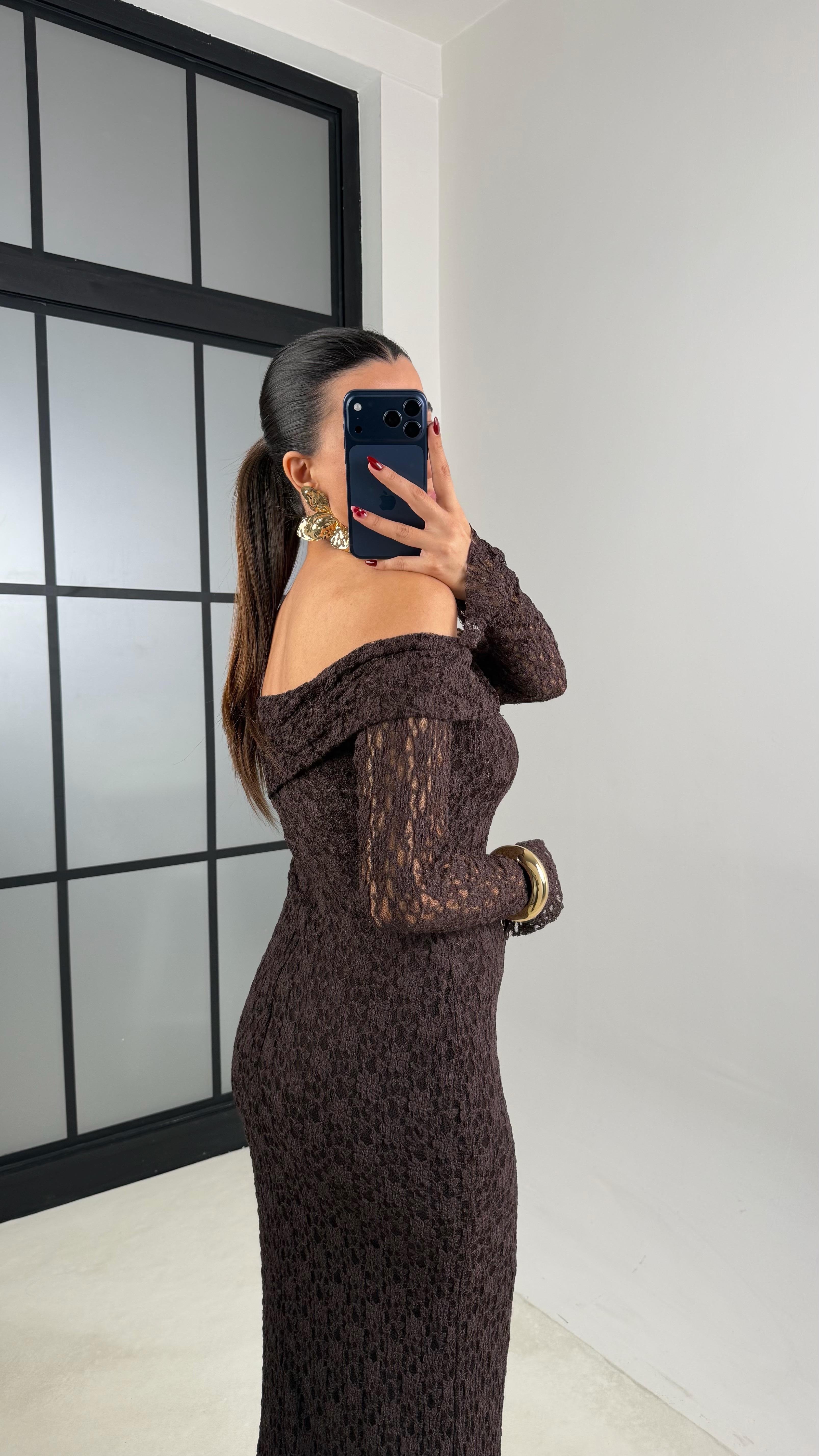 Acı Kahve Madonna Yaka Dantelli Astarlı Elbise GAUS-00664GAUSELBİSEGAUS-00664