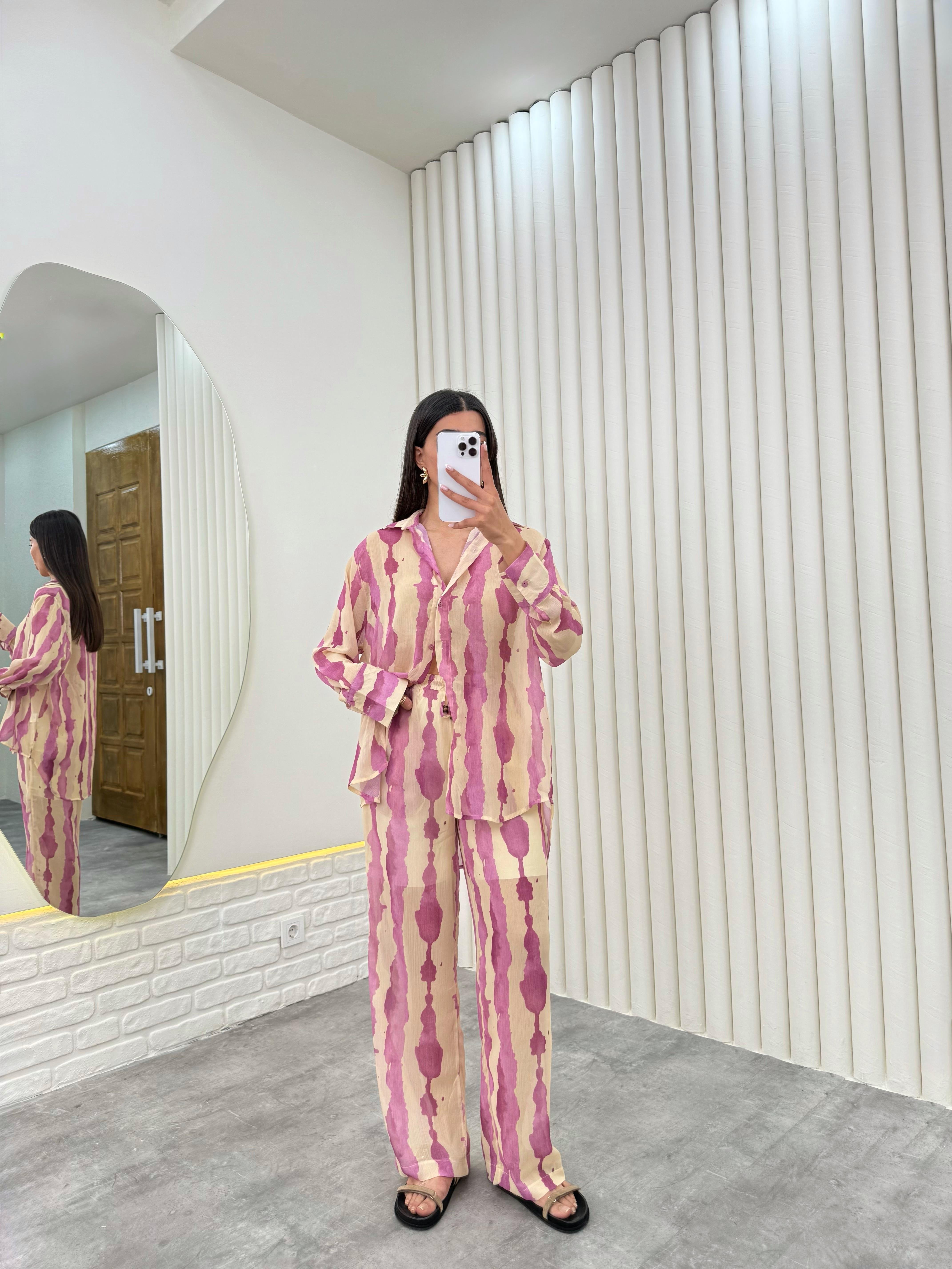 Pembe Yarım Astarlı Desenli Tül Takım Gaus00281GausTAKIMGU1001655