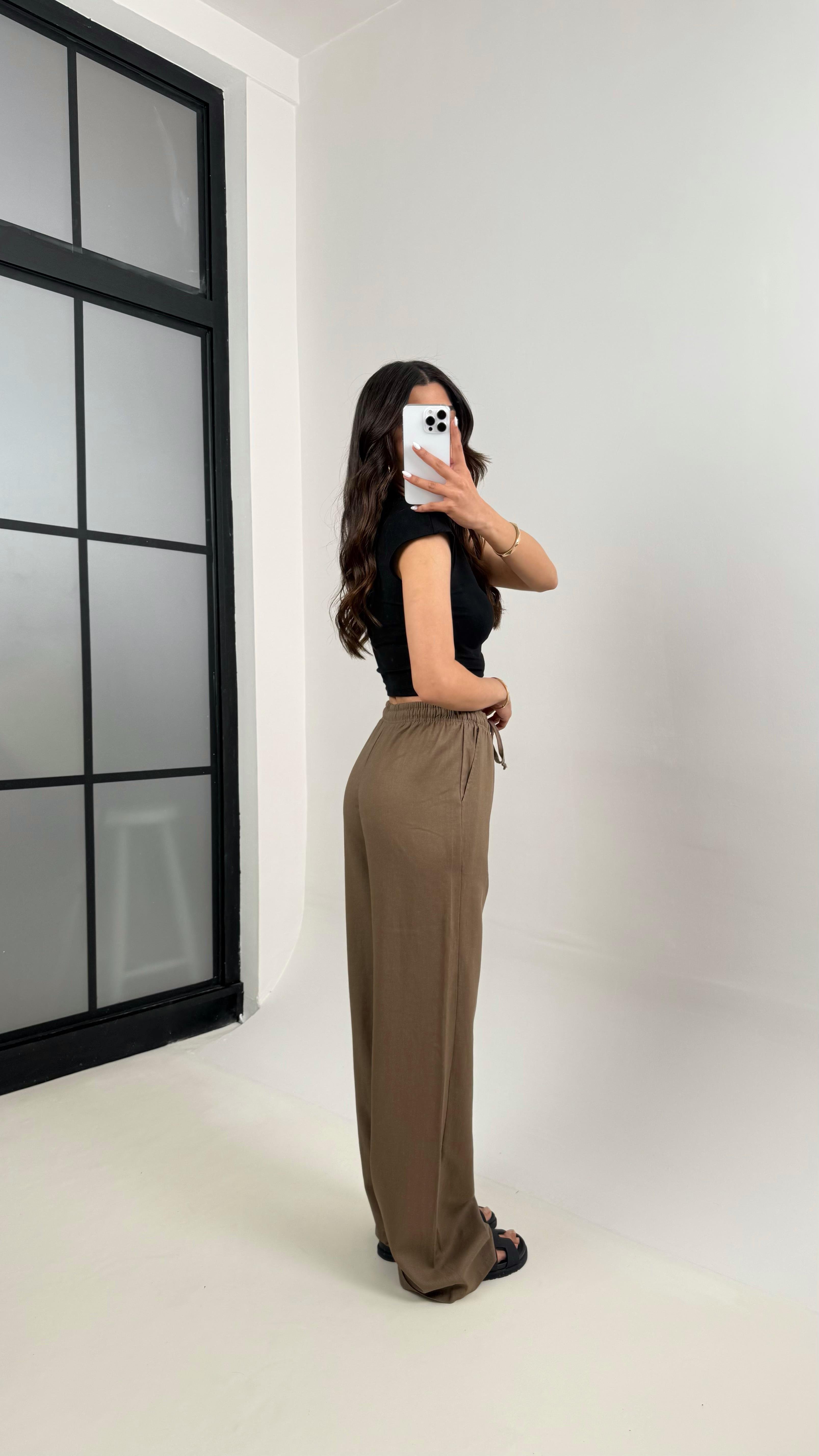 Kahve Beli Lastikli Muadil Keten Pantolon Gaus00346GausPANTOLONGU1001807