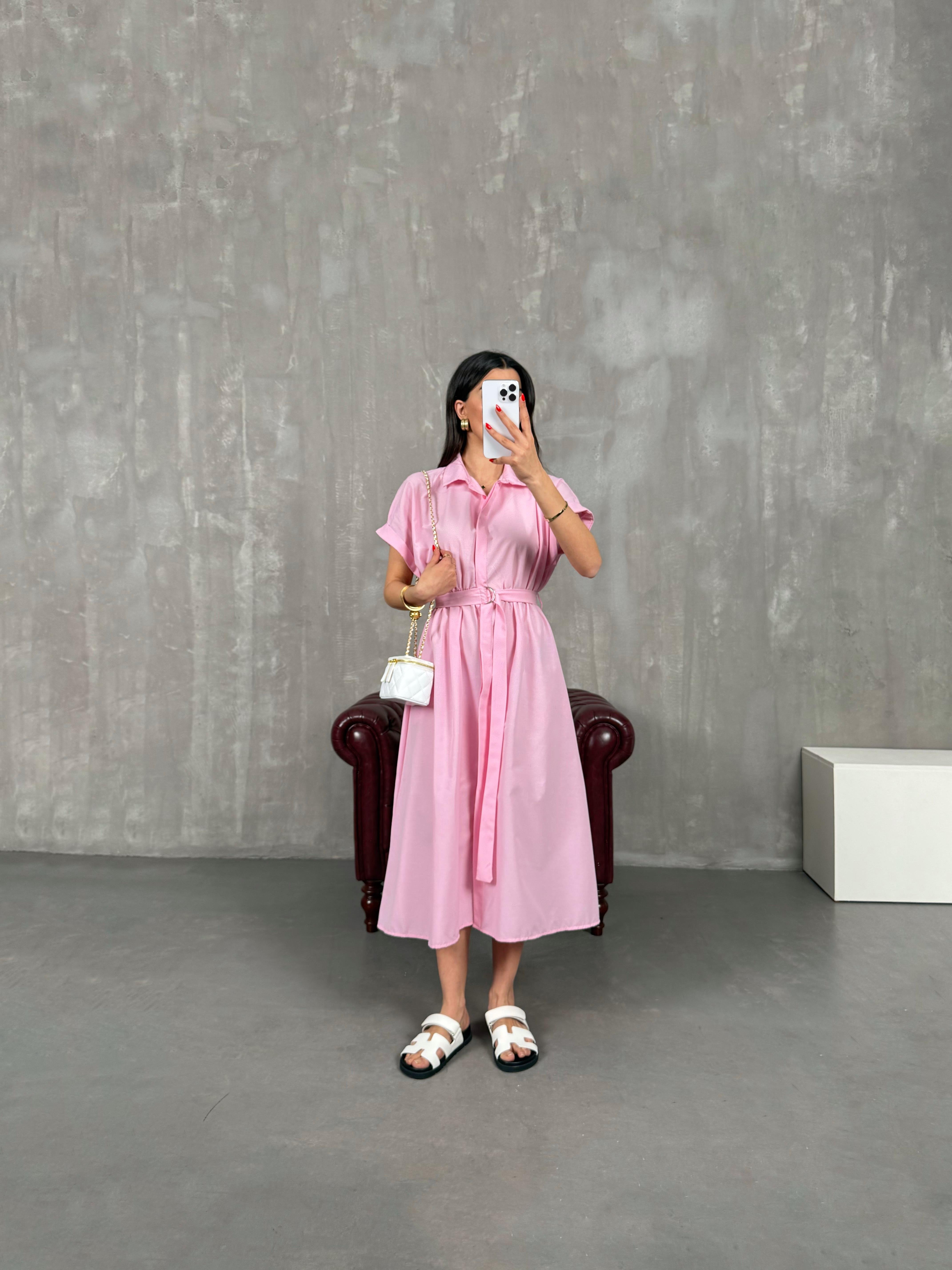Pembe Ön Düğmeli Kuşaklı Beli Lastikli Gömlek Yaka Elbise Gaus00178GausDressesGU1001412