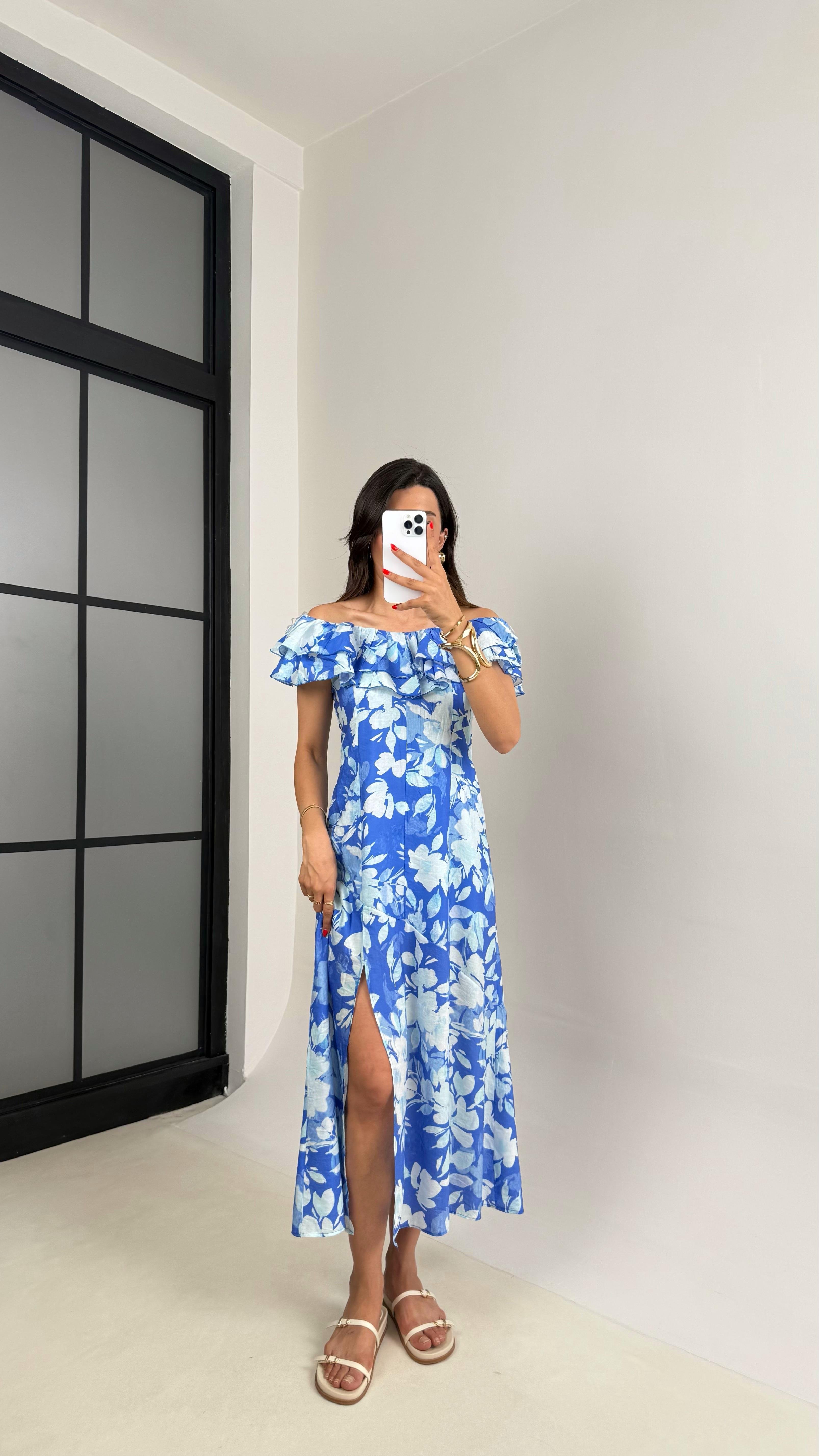 Mavi Çiçek Desenli Astarlı Dekolteli Elbise Gaus00517GausELBİSEGU1002213