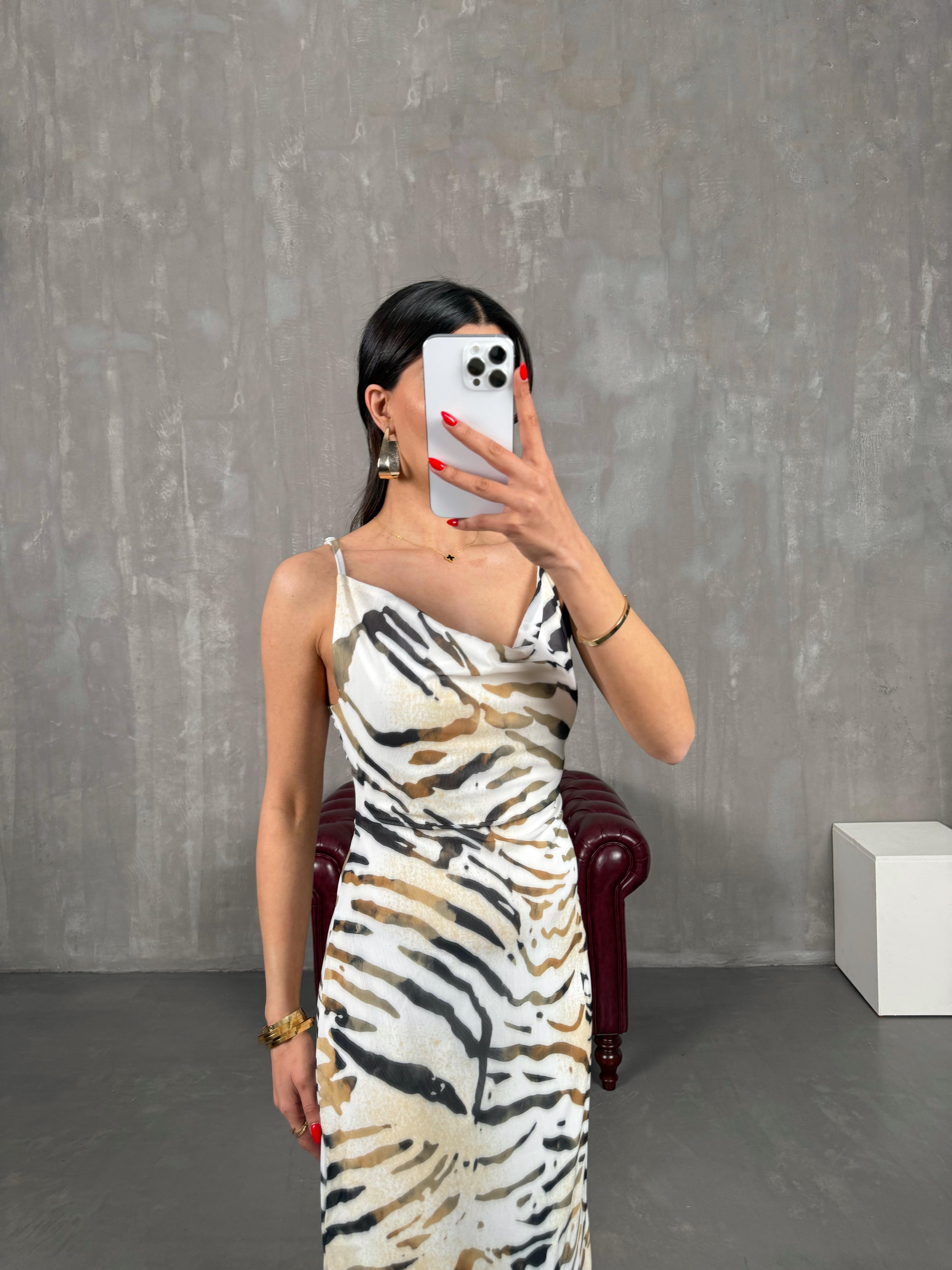 Krem Zebra Desenli Tül Detaylı Astarlı Ayarlanabilir Askılı Elbise Gaus00171GausELBİSEGU1001397