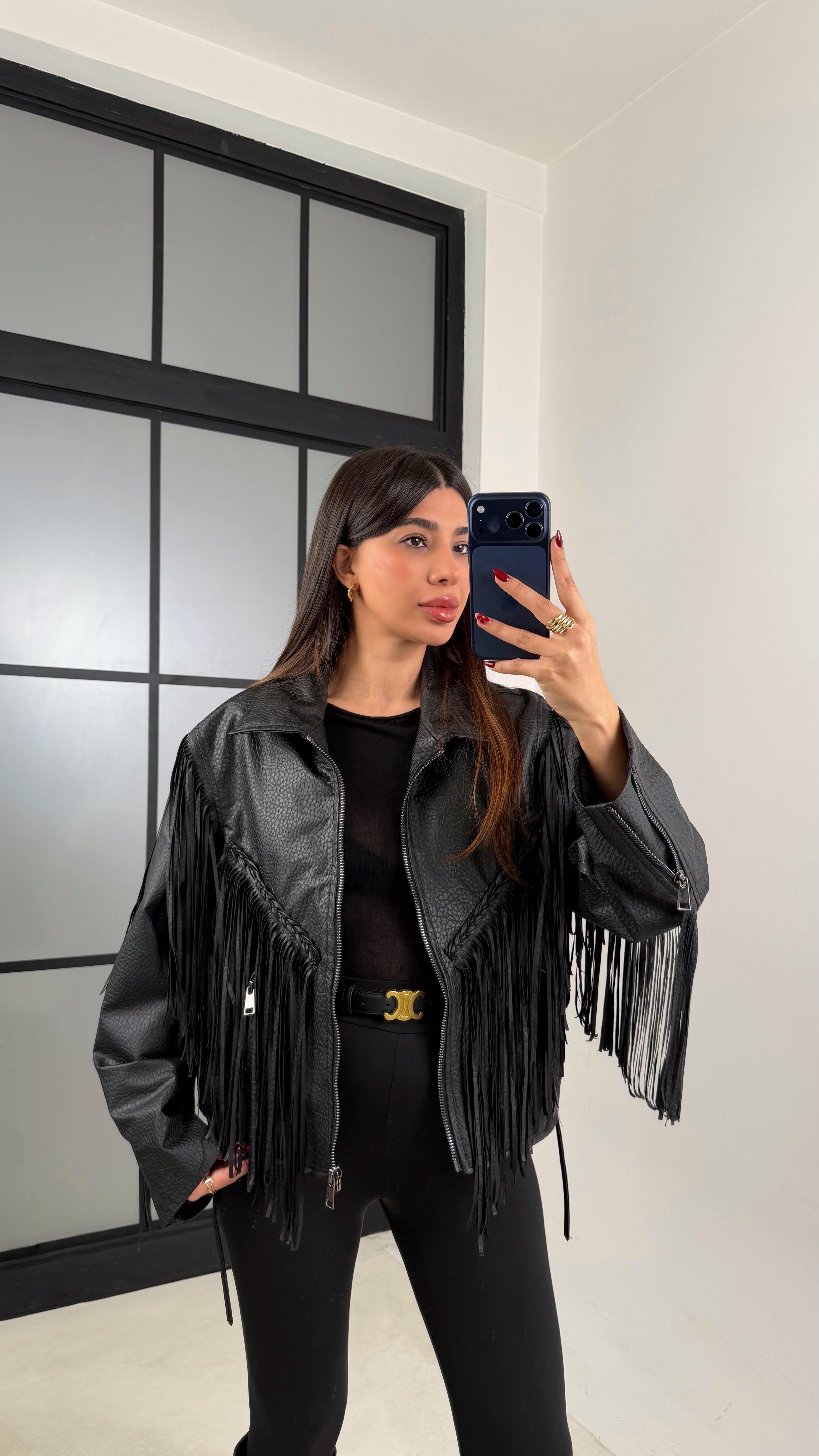 Siyah Yılan Derisi Desenli Astarlı Püsküllü Deri Ceket GAUS-00668GAUS السترات  GAUS-00668