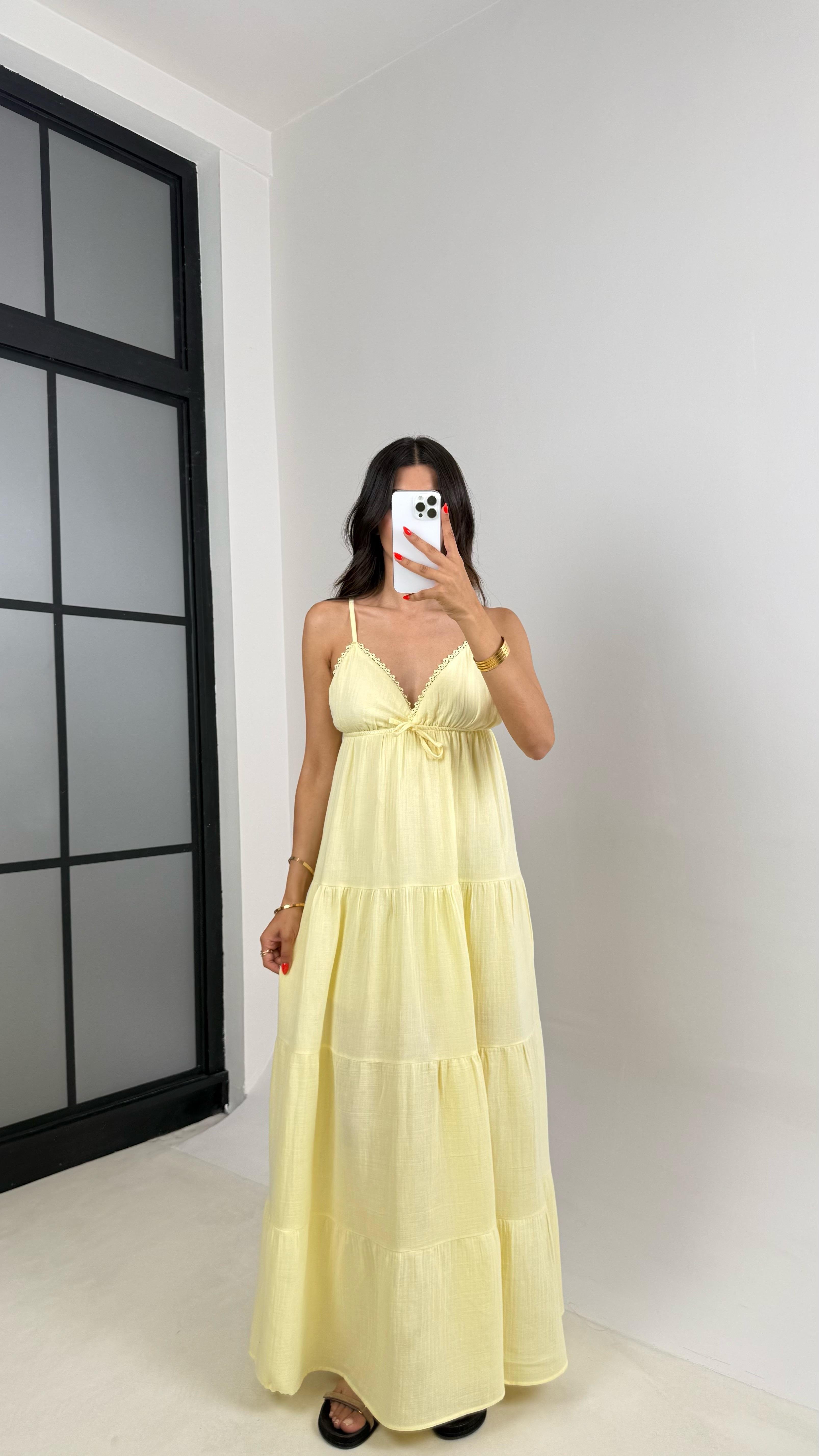 Sarı Ayarlanabilir Askılı Dantel Detaylı Müslin Elbise GAUS-001GAUSELBİSEGAUS-001