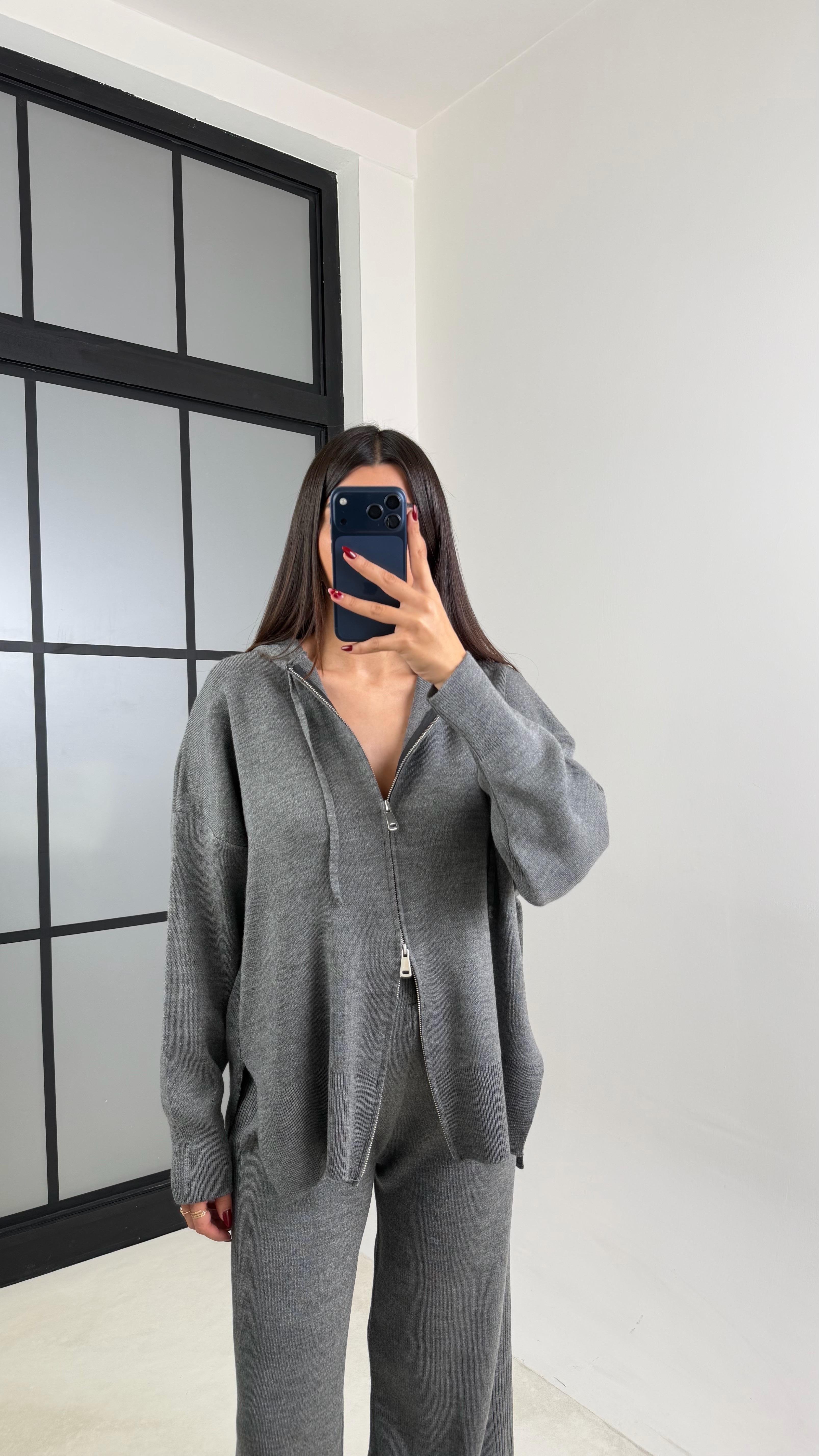 Antrasit Çift Fermuarlı Kapüşonlu Hırka Beli Lastikli Pantolon İkili Triko Takım GAUS-00676GAUSTAKIMGAUS-00676