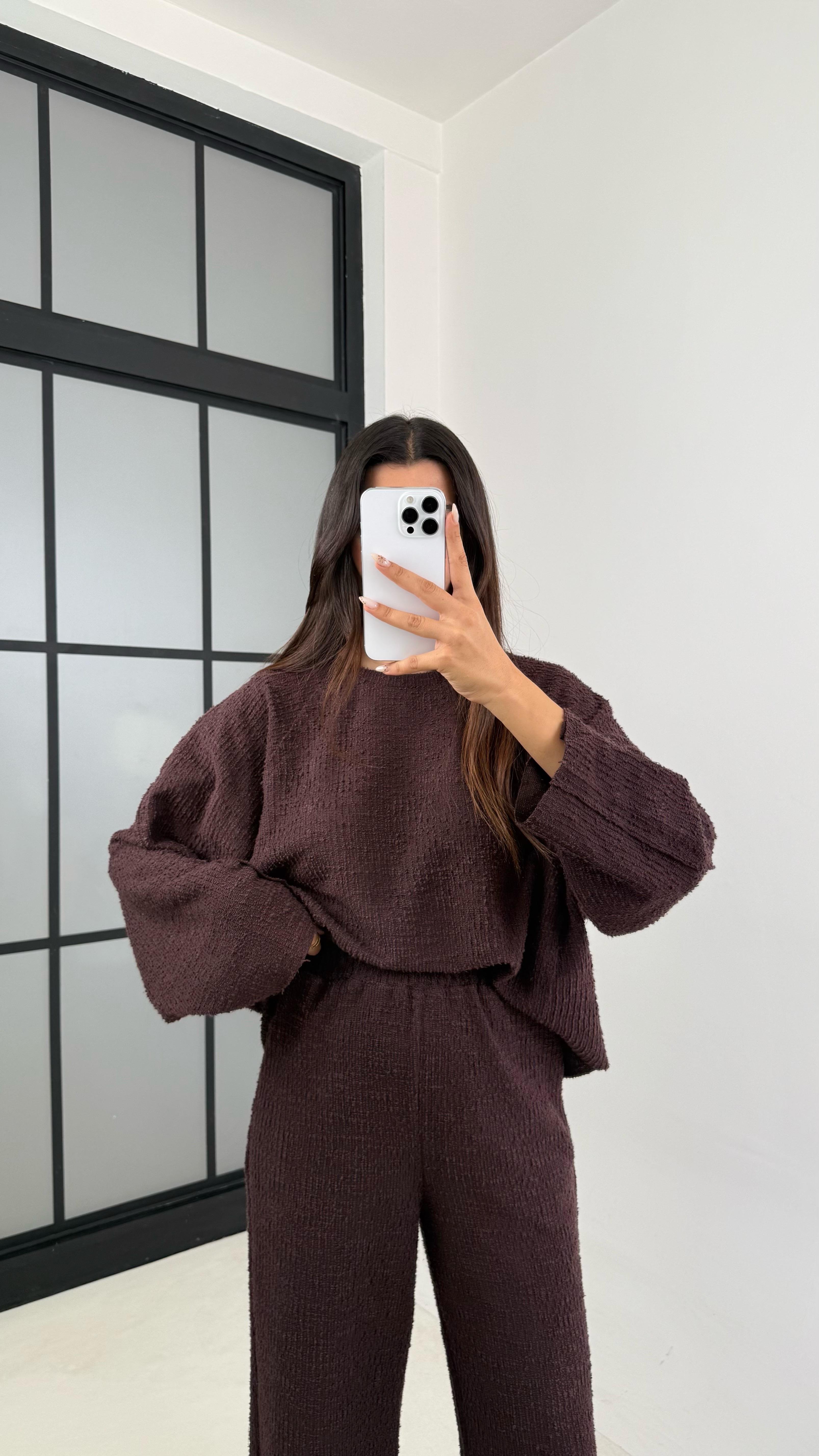 Acı Kahve Kazak Beli Lastikli Pantolon Buklet Kumaş İkili Takım GAUS-00138GAUSTAKIMGAUS-00138