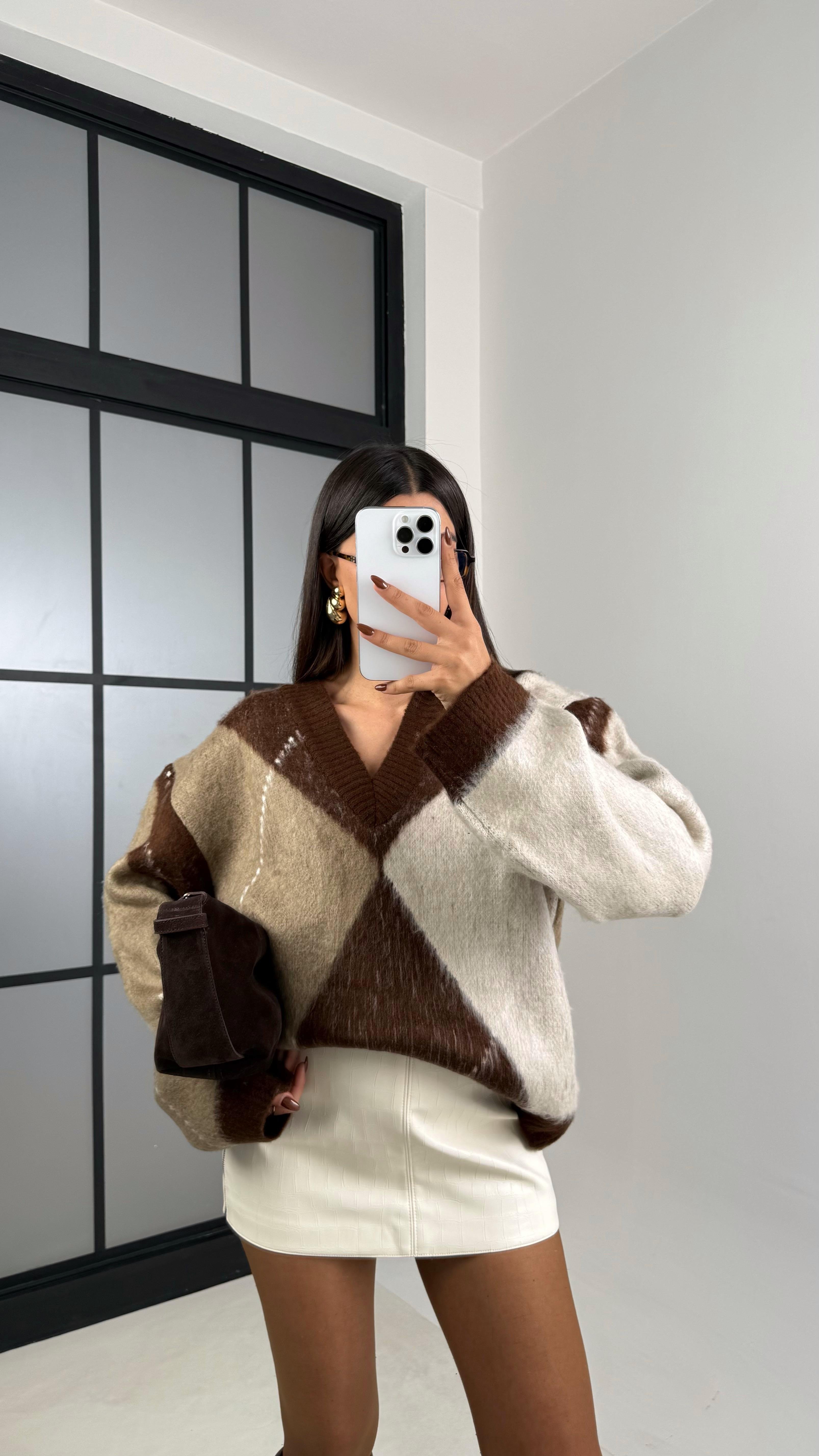 Acı Kahve Baklava Desenli Kazak GAUS-00201GAUS الكنزات GAUS-00201