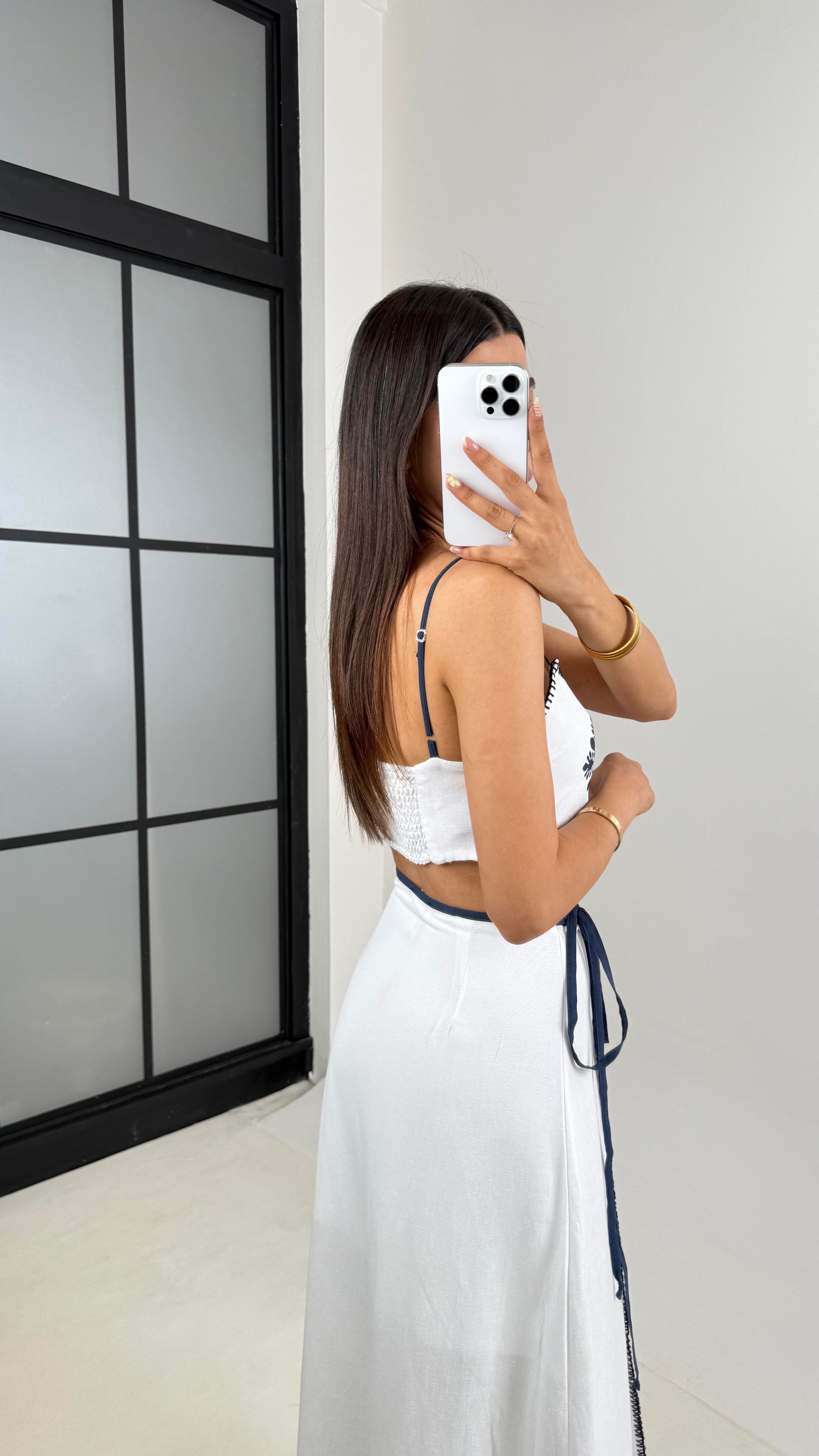 Keten Nakış İşlemeli Crop Bağlamalı Etek İkili Takım Gaus00647GausTAKIMGU1002504 