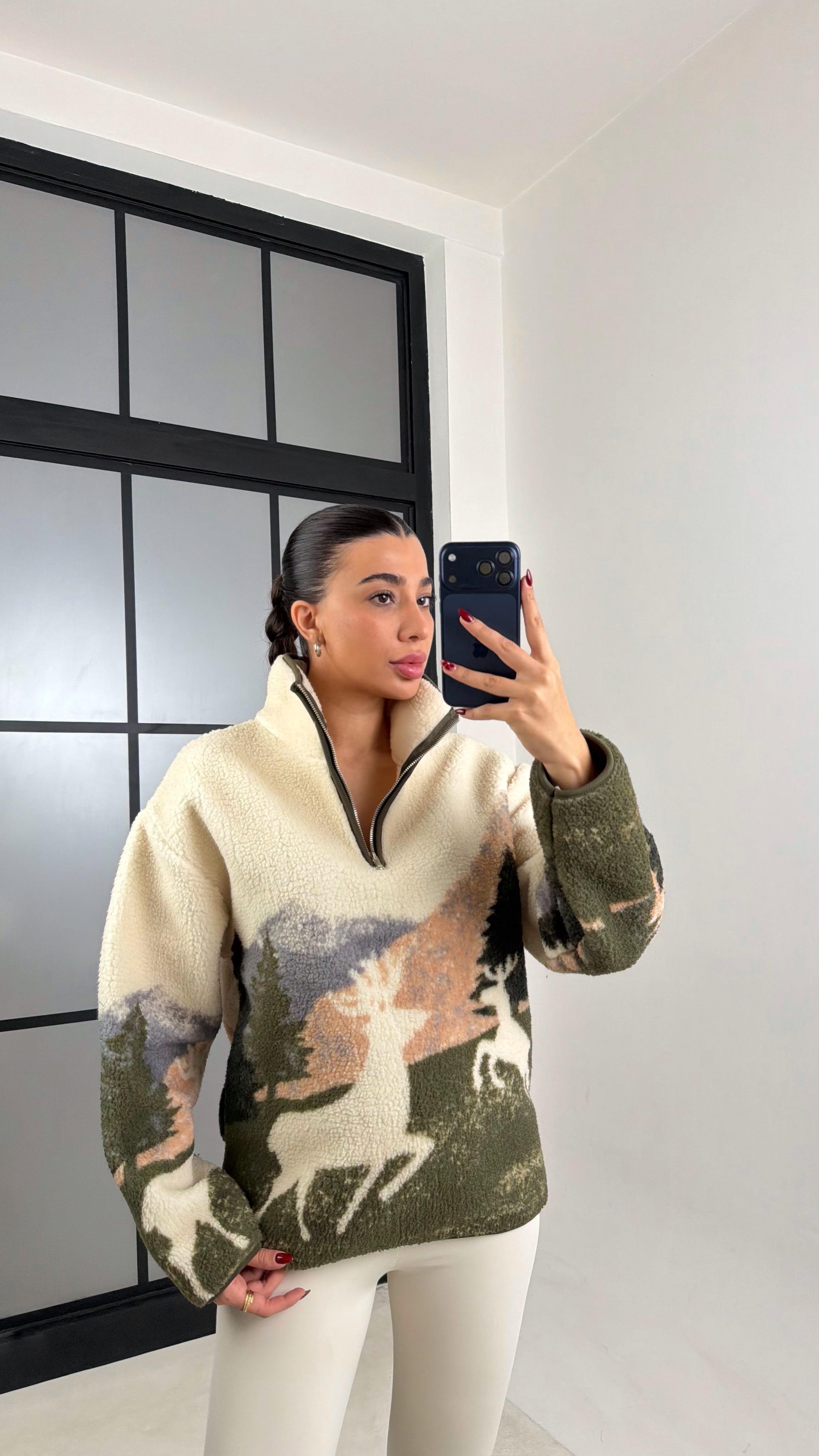 Ekru Fermuarlı Geyik Desenli Polar Sweatshirt GAUS-00723GAUSSWEATSHIRTGAUS-00723