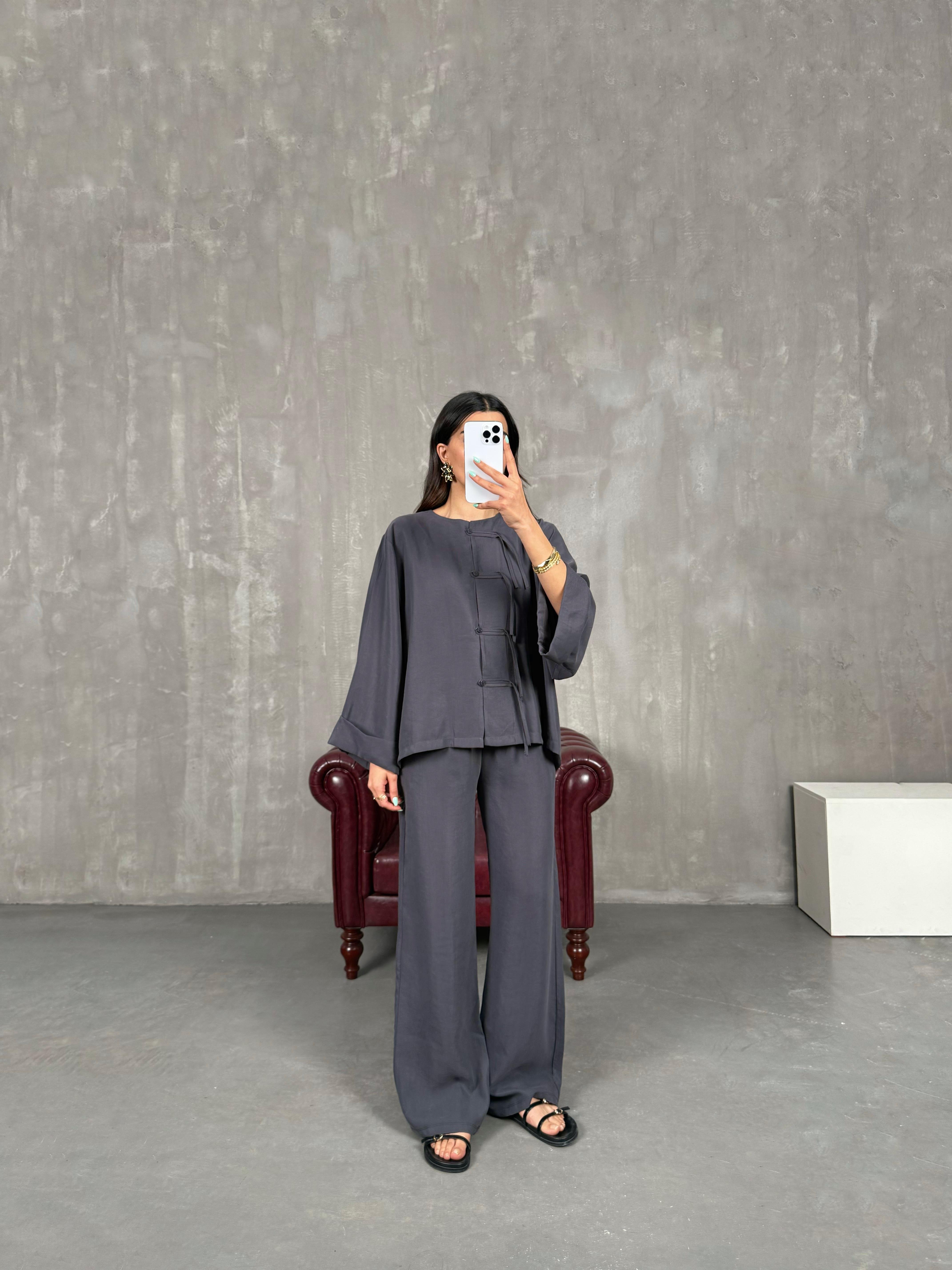 Antrasit Yaka Düğmeli Gömlek Beli Lastikli Pantolon Tensel Takım Gaus00238GausTAKIMGU1001554