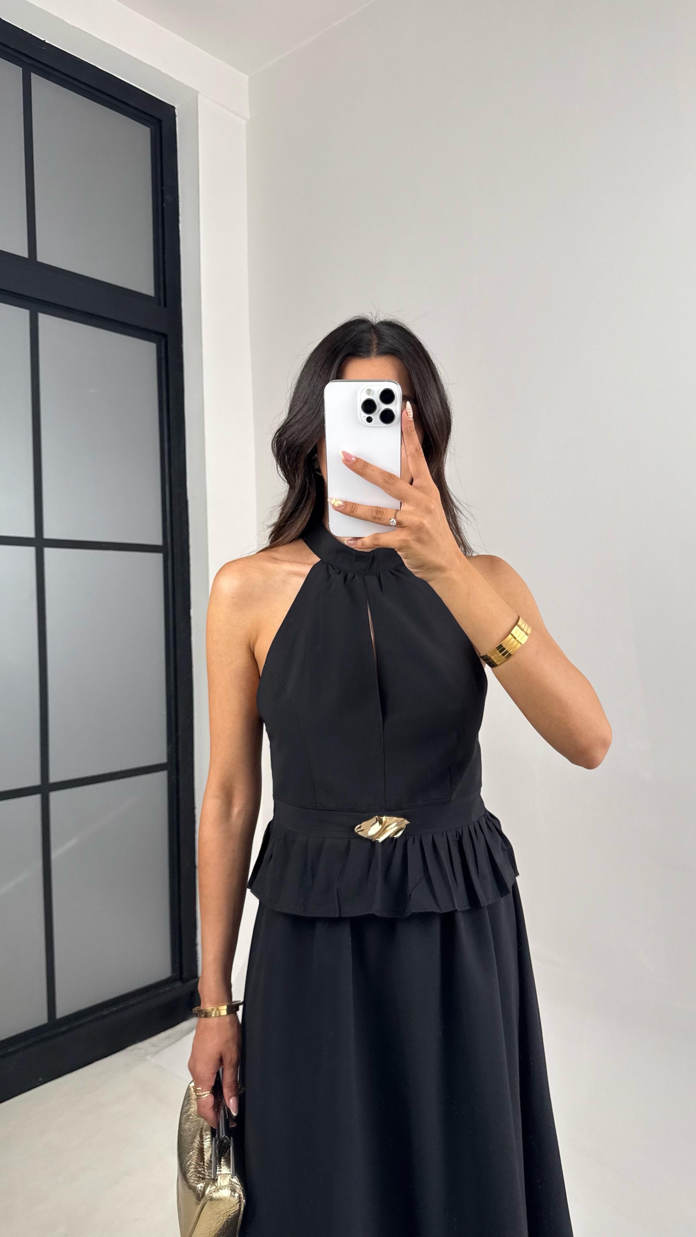 Siyah Gold Toka Detaylı Bluz Beli Lastikli Etek İkili Takım Gaus00678GausTAKIMGU1002561