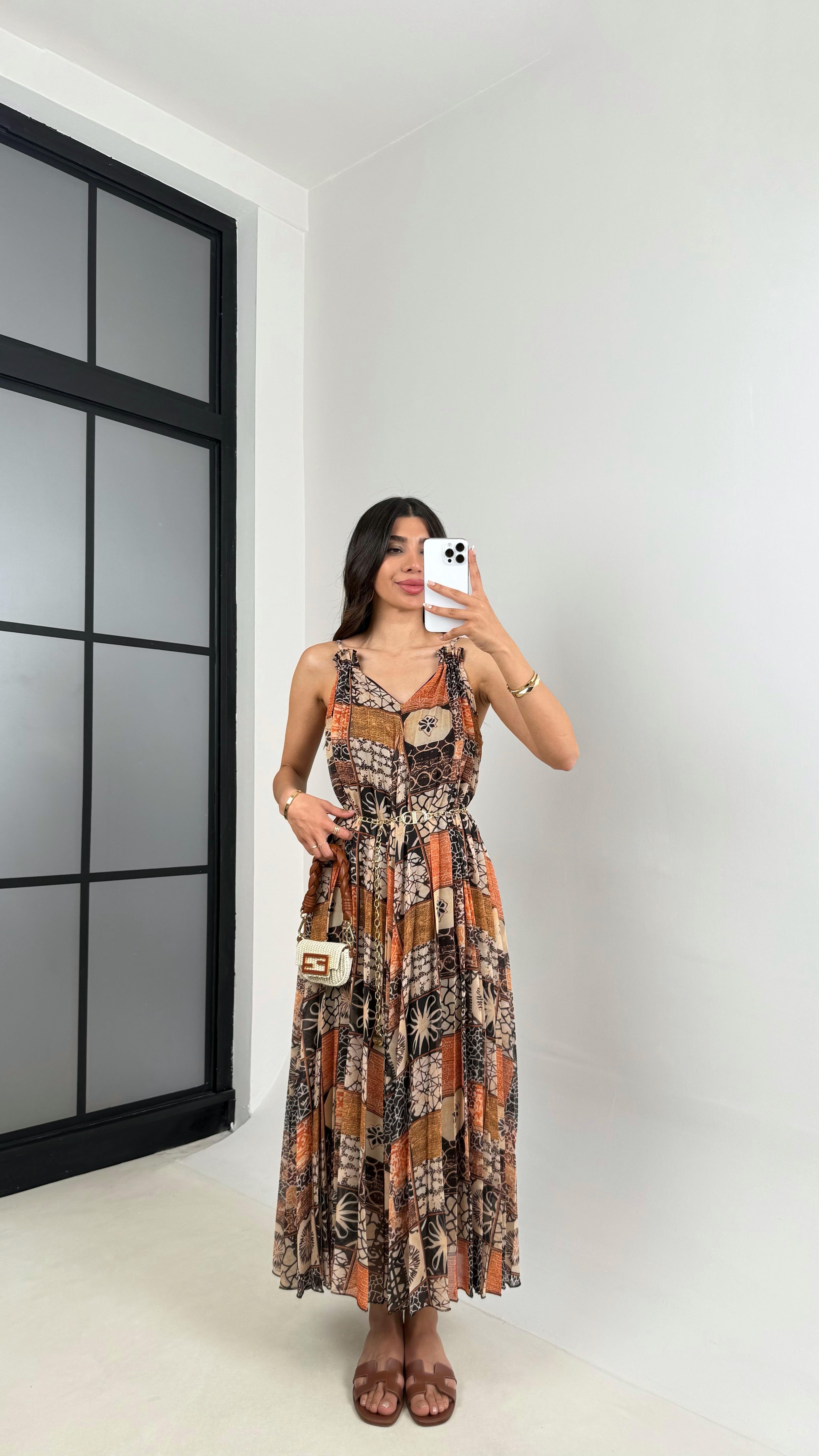 Çok Desenli Ayarlanabilir Askılı Astarlı Şifon Elbise Gaus00524GausELBİSEGU1002230