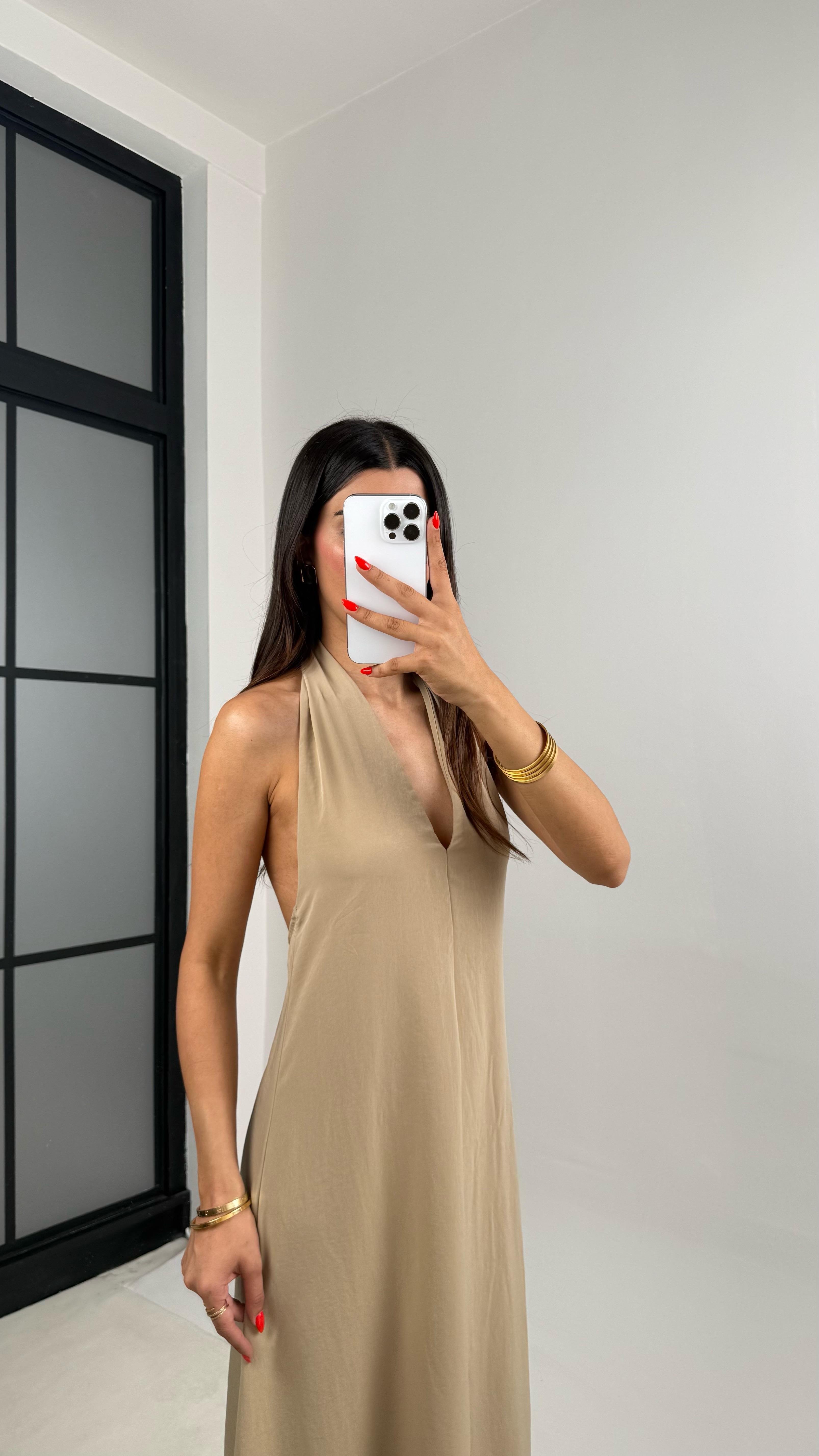 Taş Boyundan Bağlamalı V Yaka Tencel Elbise GAUS-0014GAUSELBİSEGAUS-0014