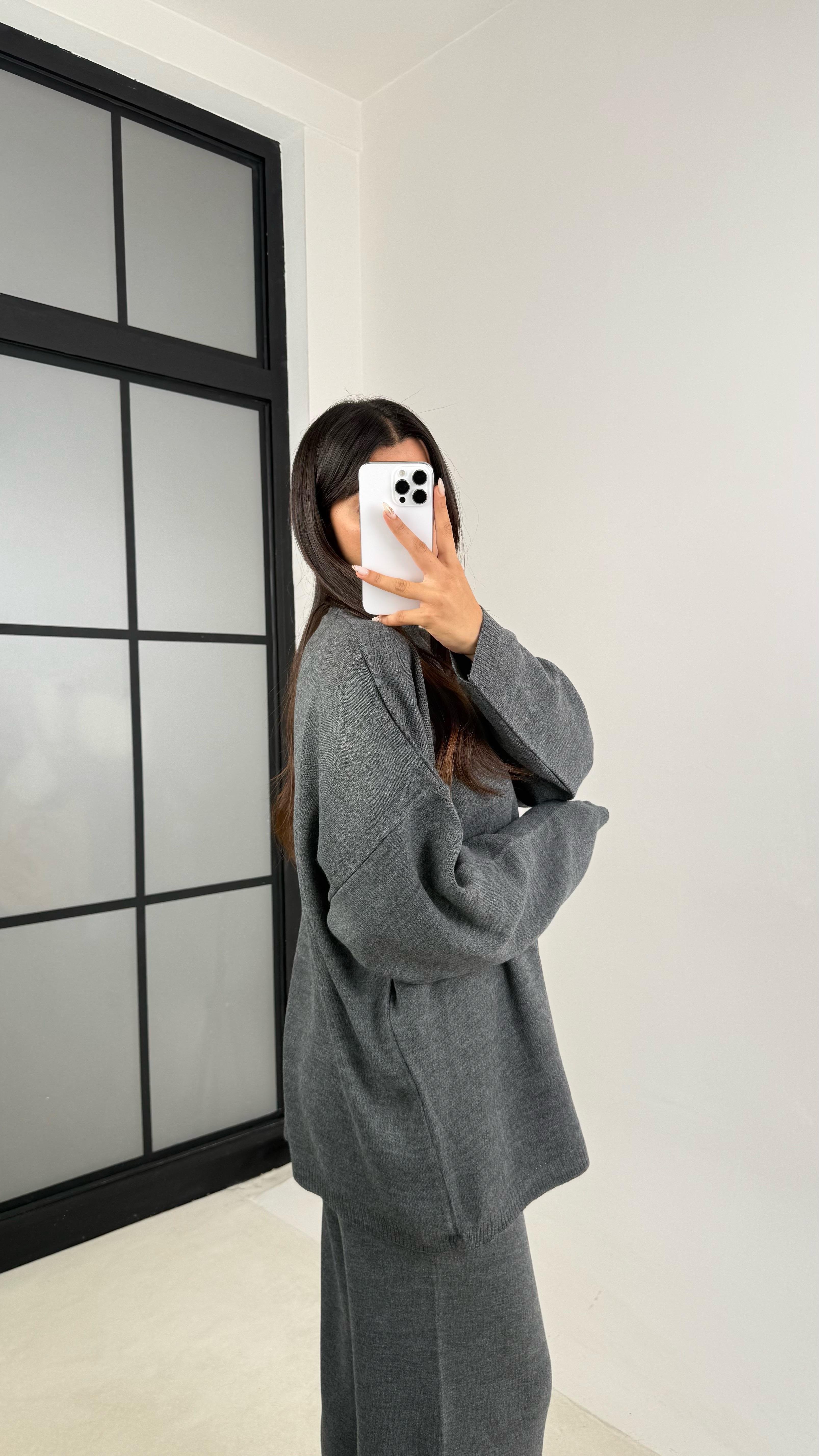 Antrasit Uzun Kol Kazak Beli Lastikli Pantalon İkili Triko Takım GAUS-00103GAUSTAKIMGAUS-00103