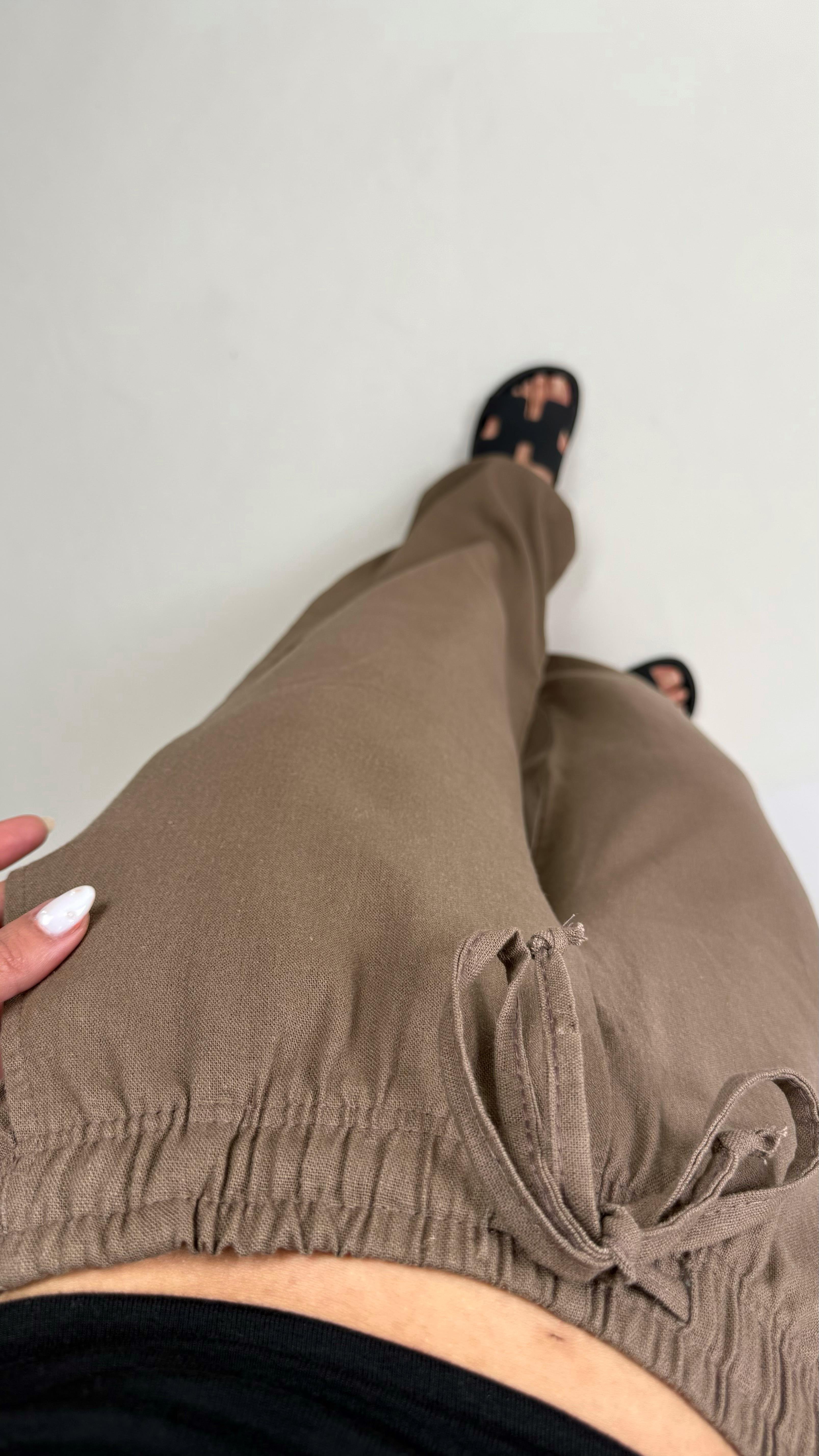 Kahve Beli Lastikli Muadil Keten Pantolon Gaus00346GausPANTOLONGU1001807