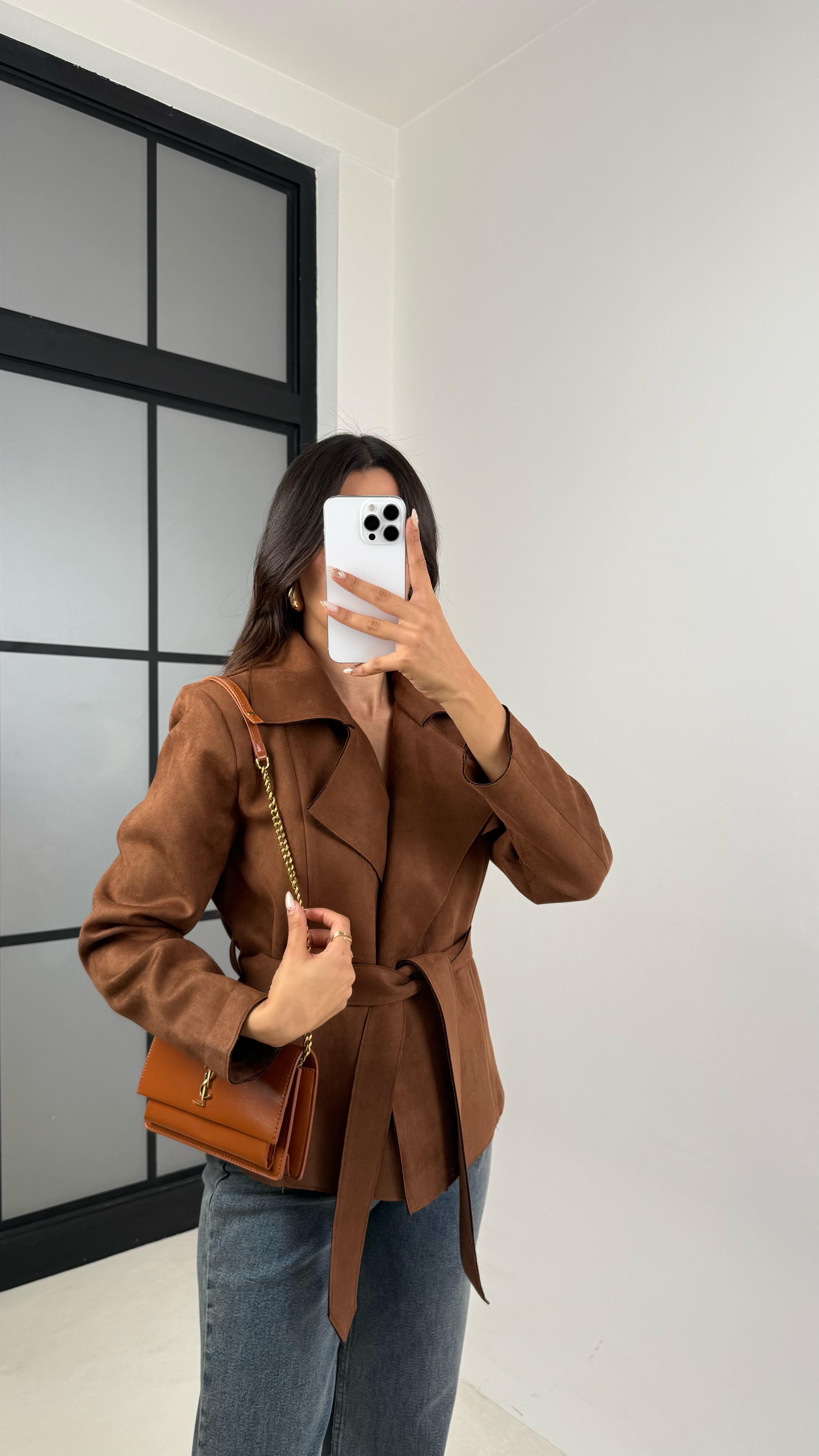 Kahve Vatkalı Kuşaklı Süet Ceket GAUS-00130GAUS السترات  GAUS-00130