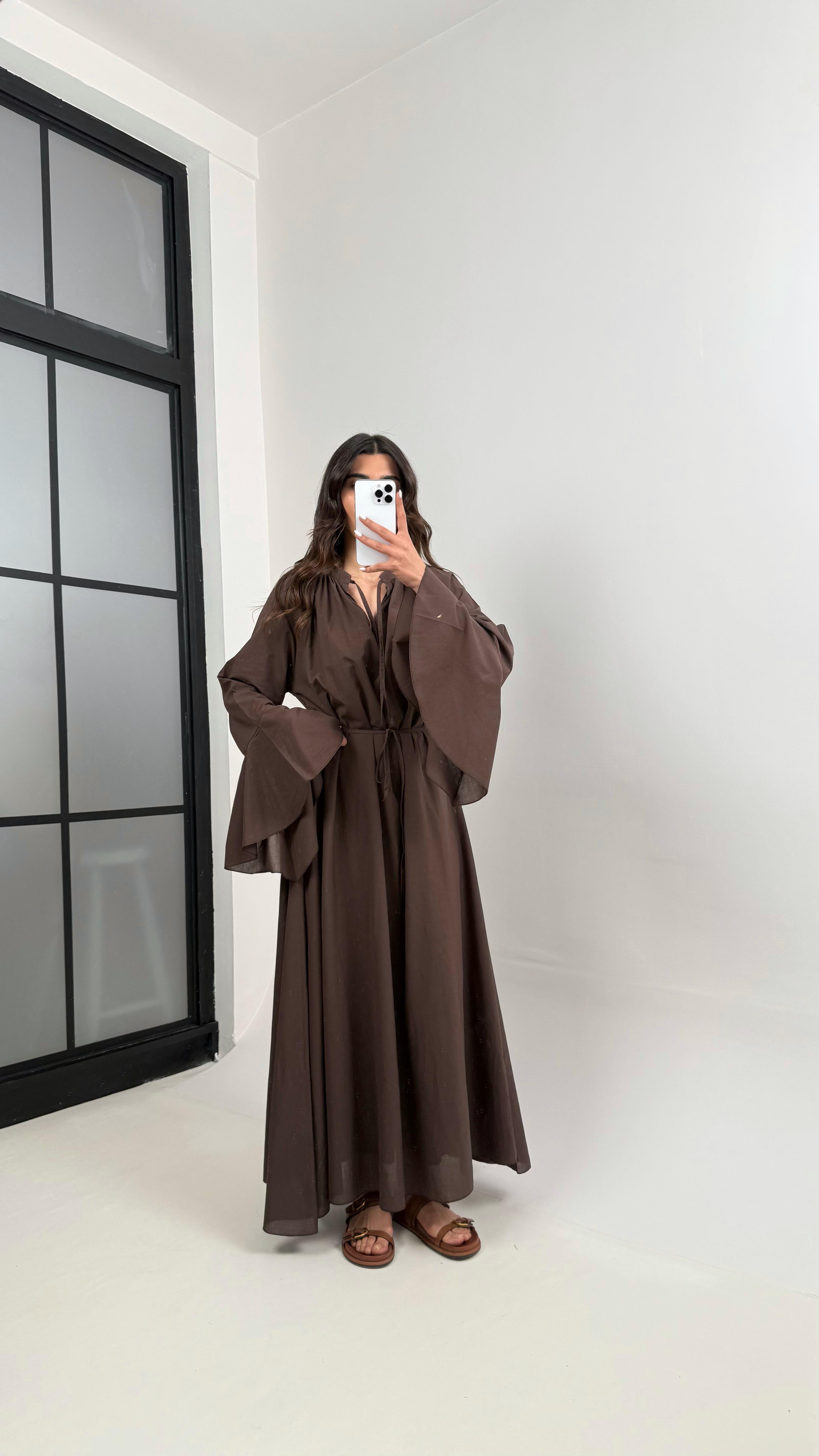 Acı Kahve Önü Bağlamalı Kuşaklı Astarlı Vual Kumaş Elbise Gaus00344GausELBİSEGU1001802