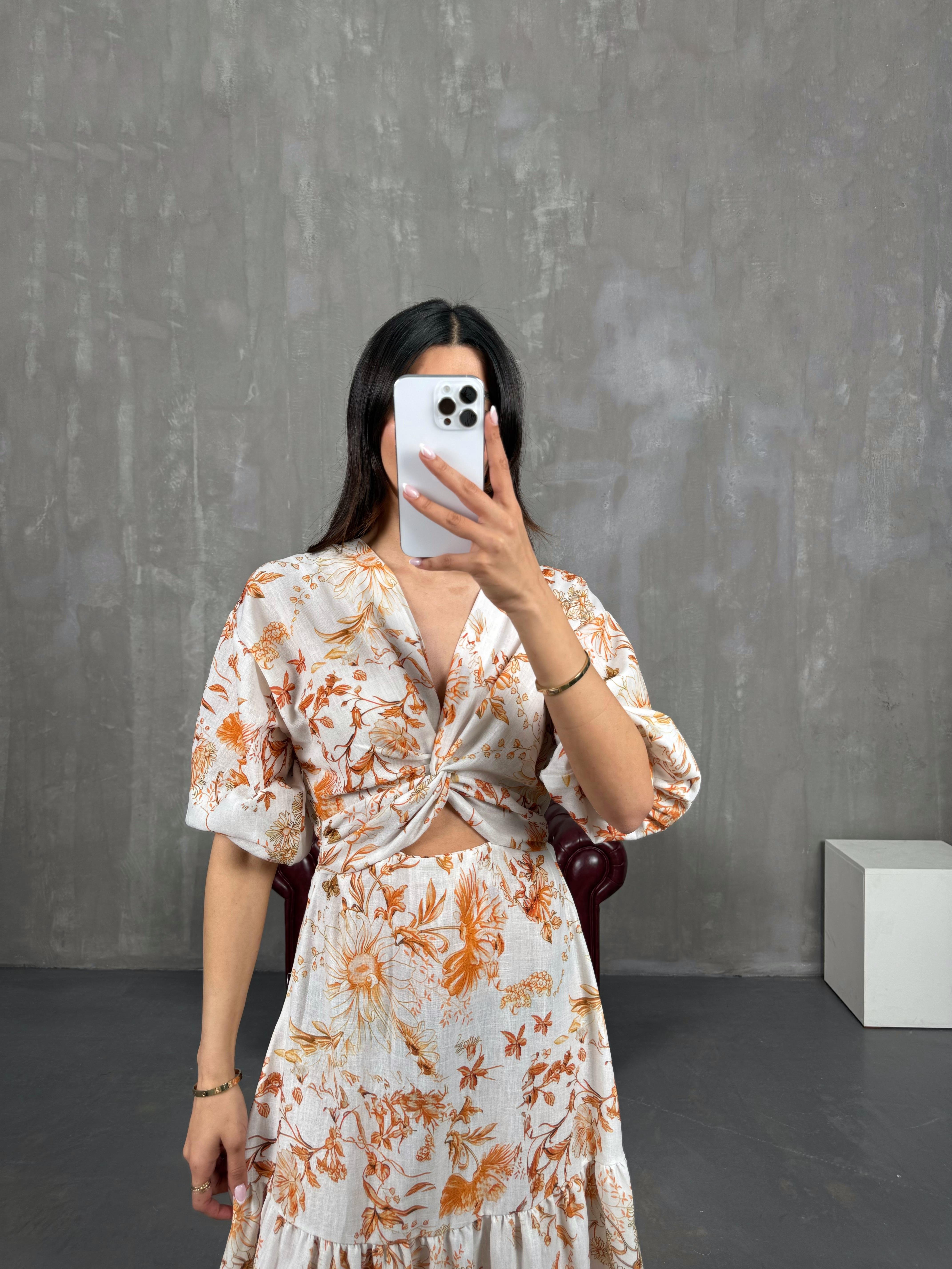 Taş V Yaka Turuncu Çiçek Desenli Beli Lastikli Keten Elbise Gaus00266GausELBİSEGU1001614