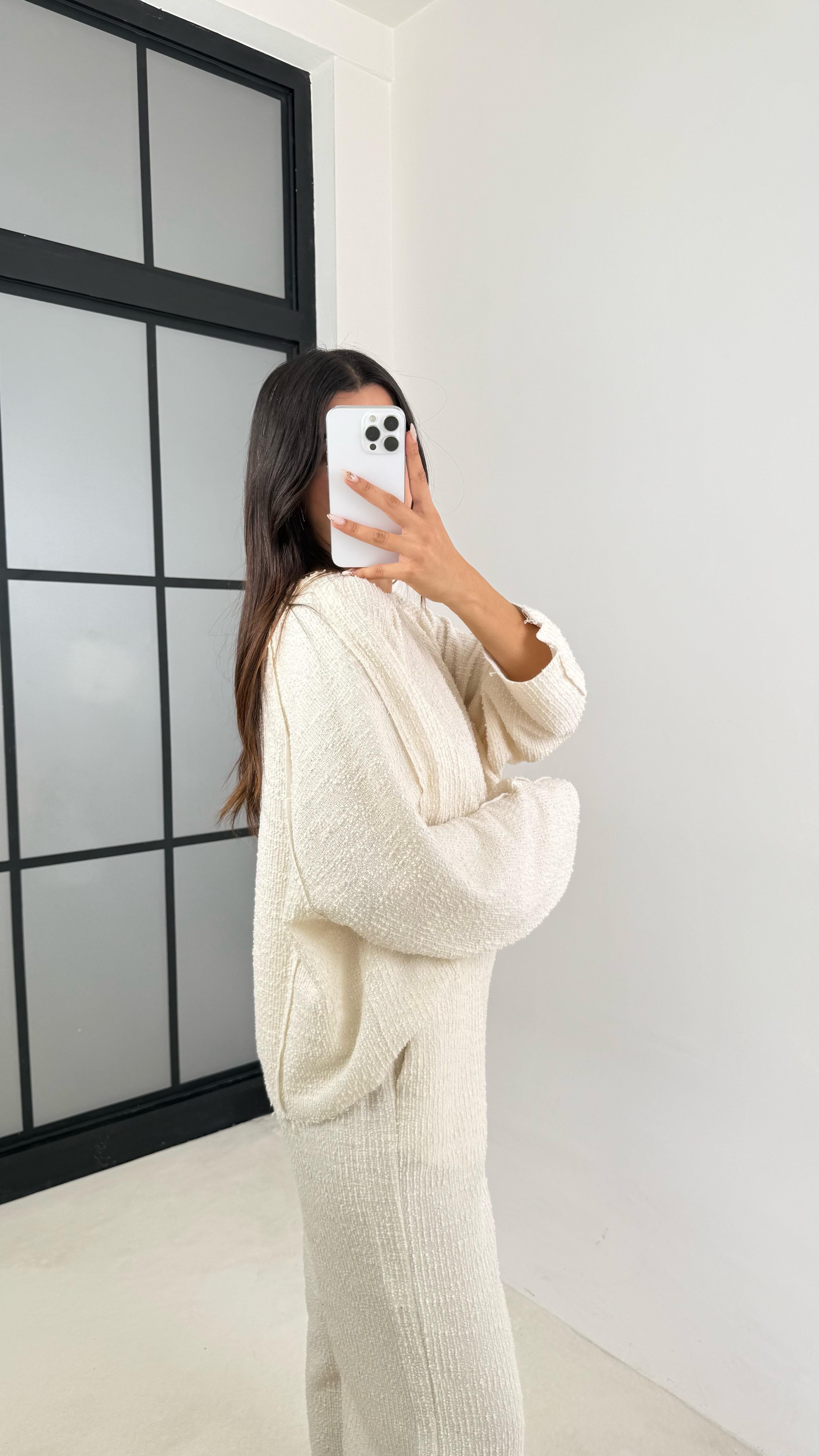 Ekru Kazak Beli Lastikli Pantolon Buklet Kumaş İkili Takım GAUS-00138GAUSTAKIMGAUS-00138