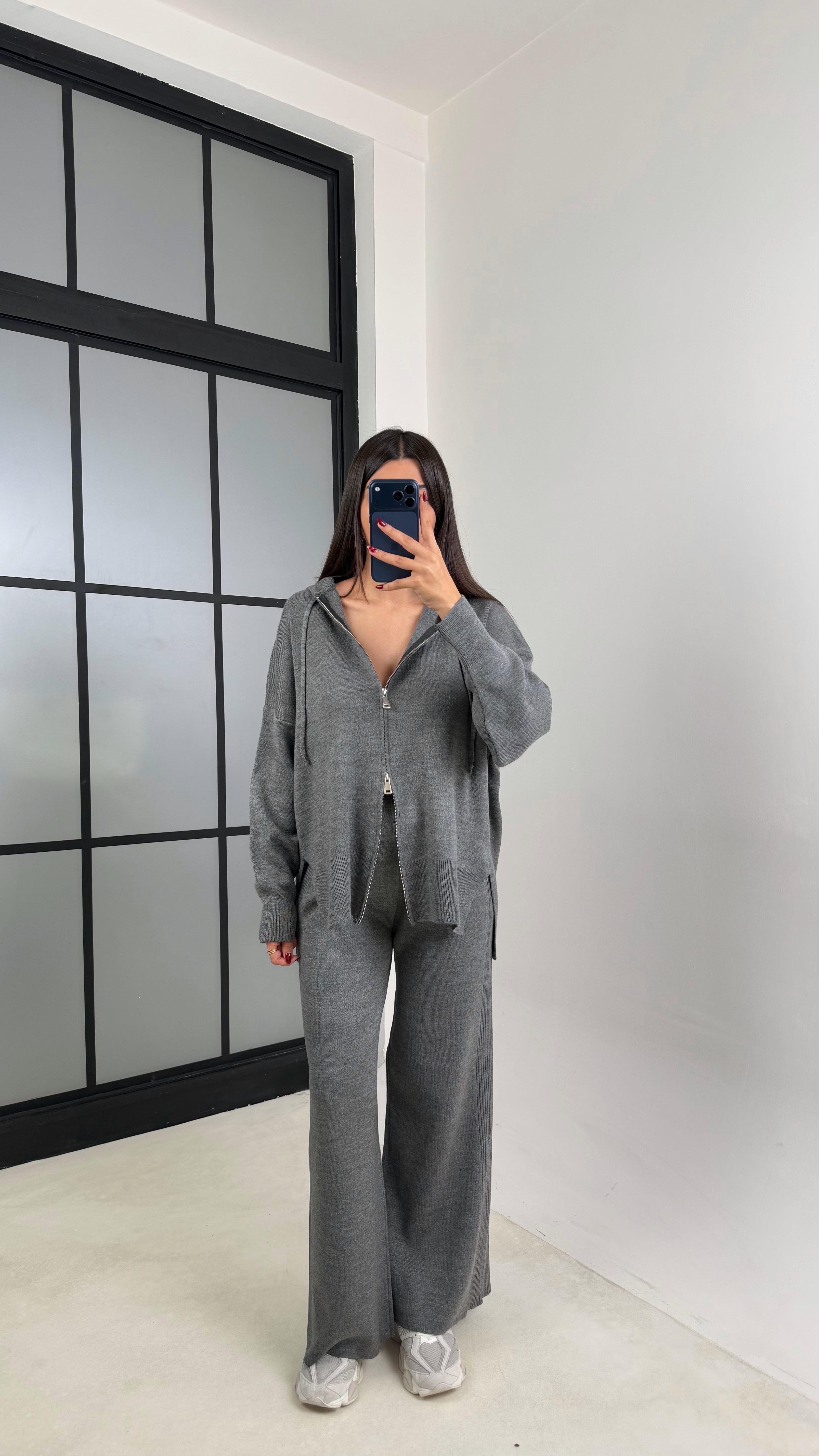 Antrasit Çift Fermuarlı Kapüşonlu Hırka Beli Lastikli Pantolon İkili Triko Takım GAUS-00676GAUSTAKIMGAUS-00676