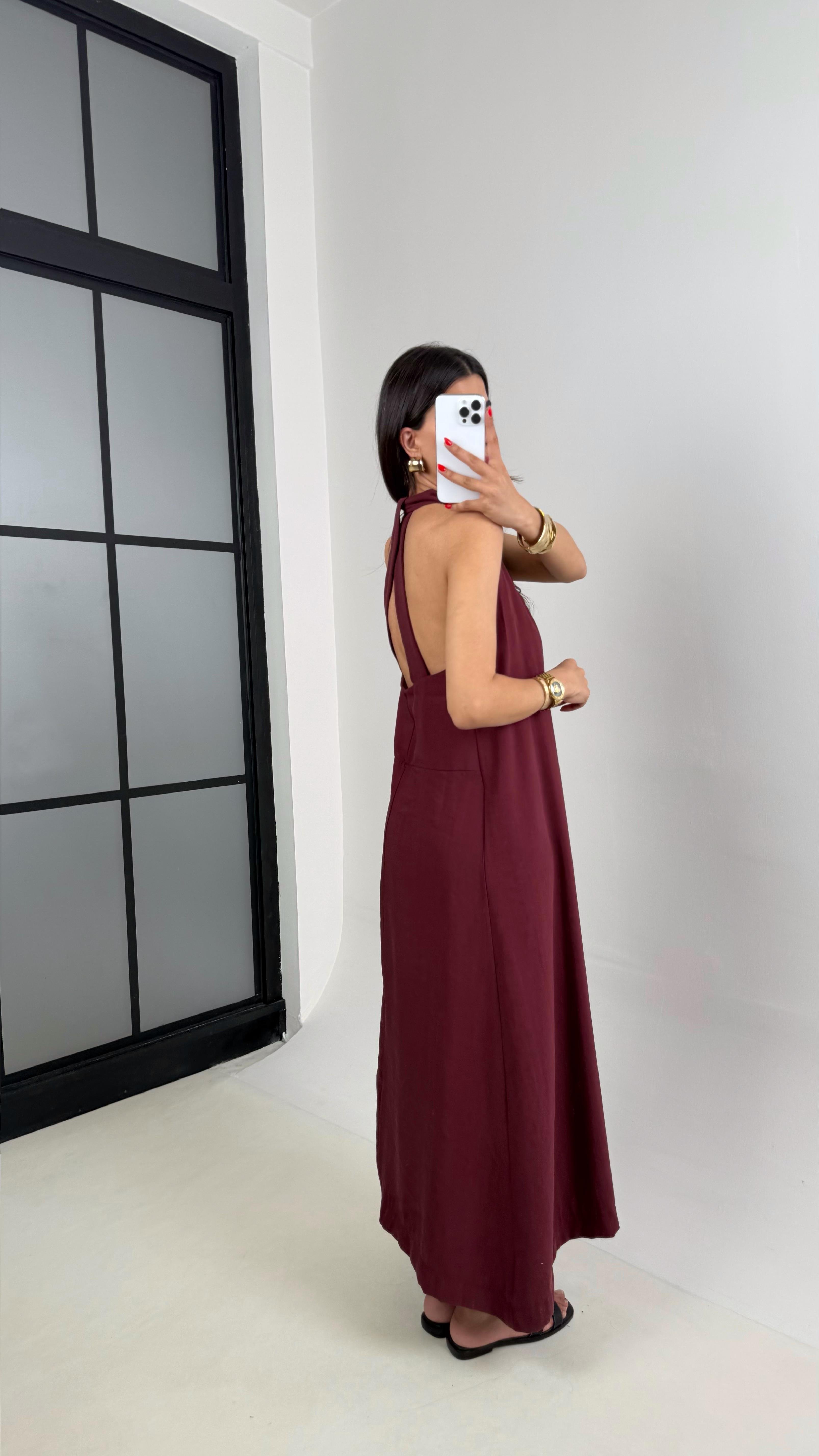 Bordo V Yaka Sırt Detaylı Premium Tencel Elbise Gaus00481 GausELBİSEGU1002127