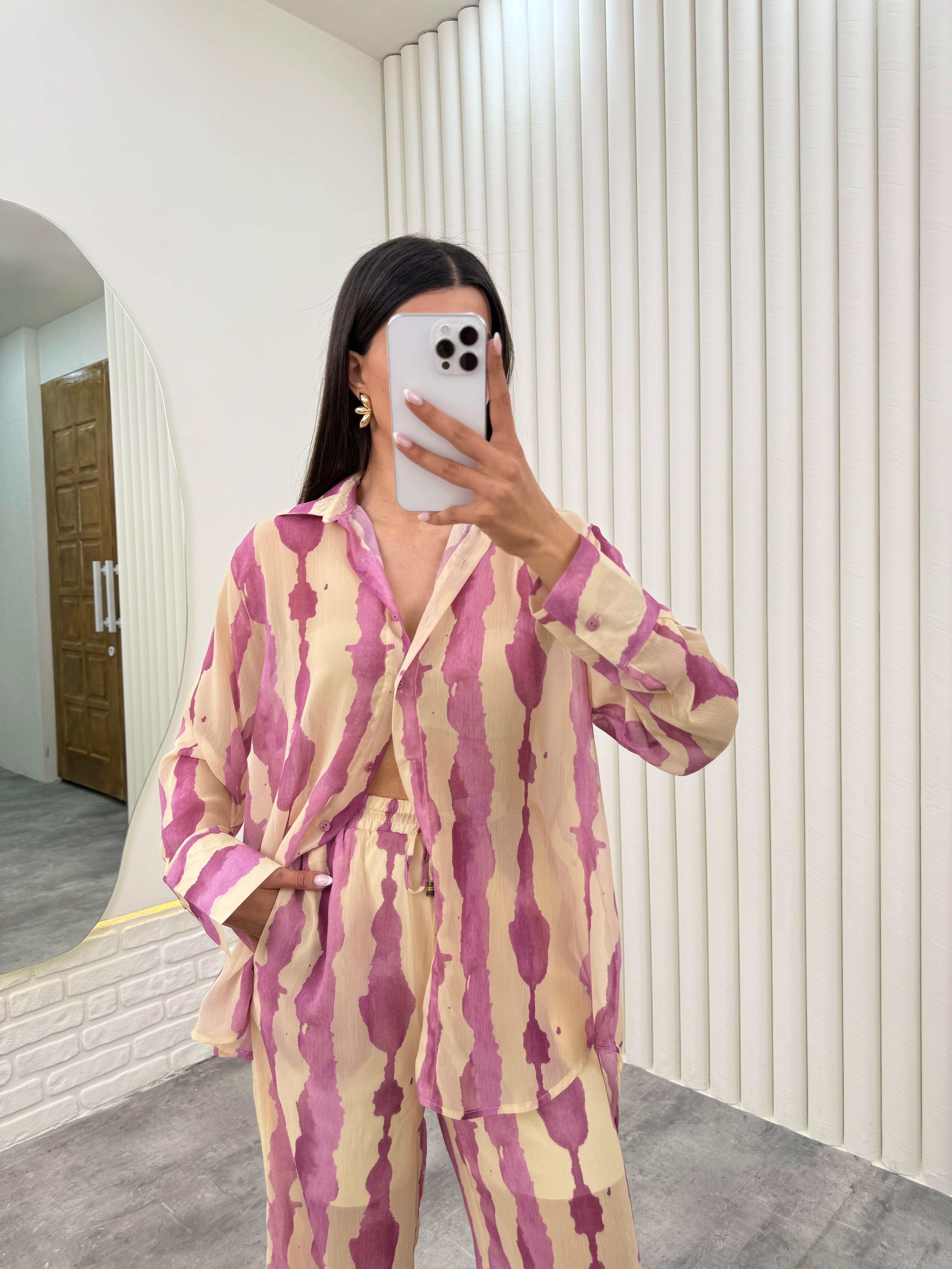 Pembe Yarım Astarlı Desenli Tül Takım Gaus00281GausTAKIMGU1001655