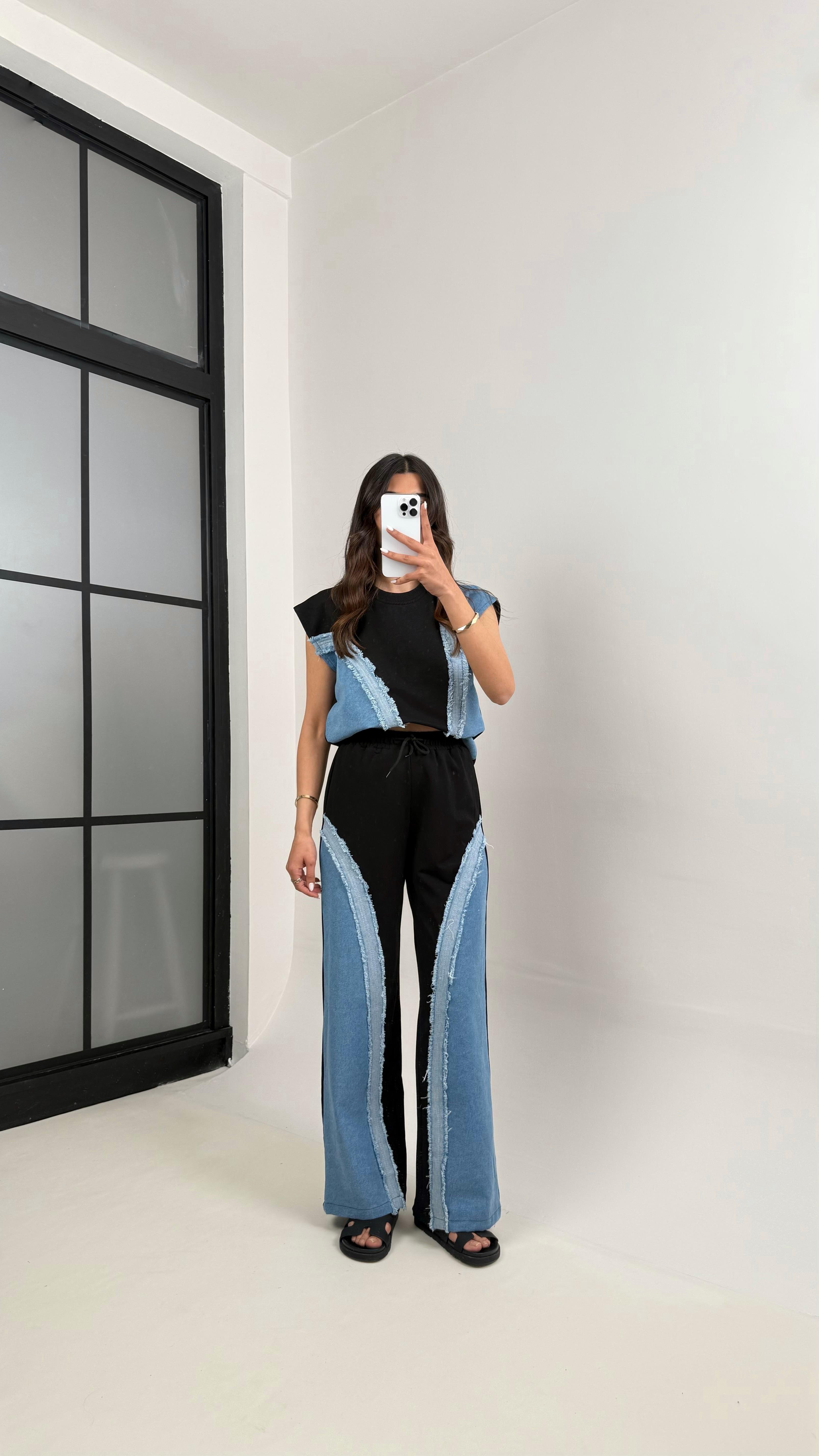 Siyah Dalga Desen Püskül Detaylı Denim Tasarım Takım Gaus00342GausTAKIMGU1001796