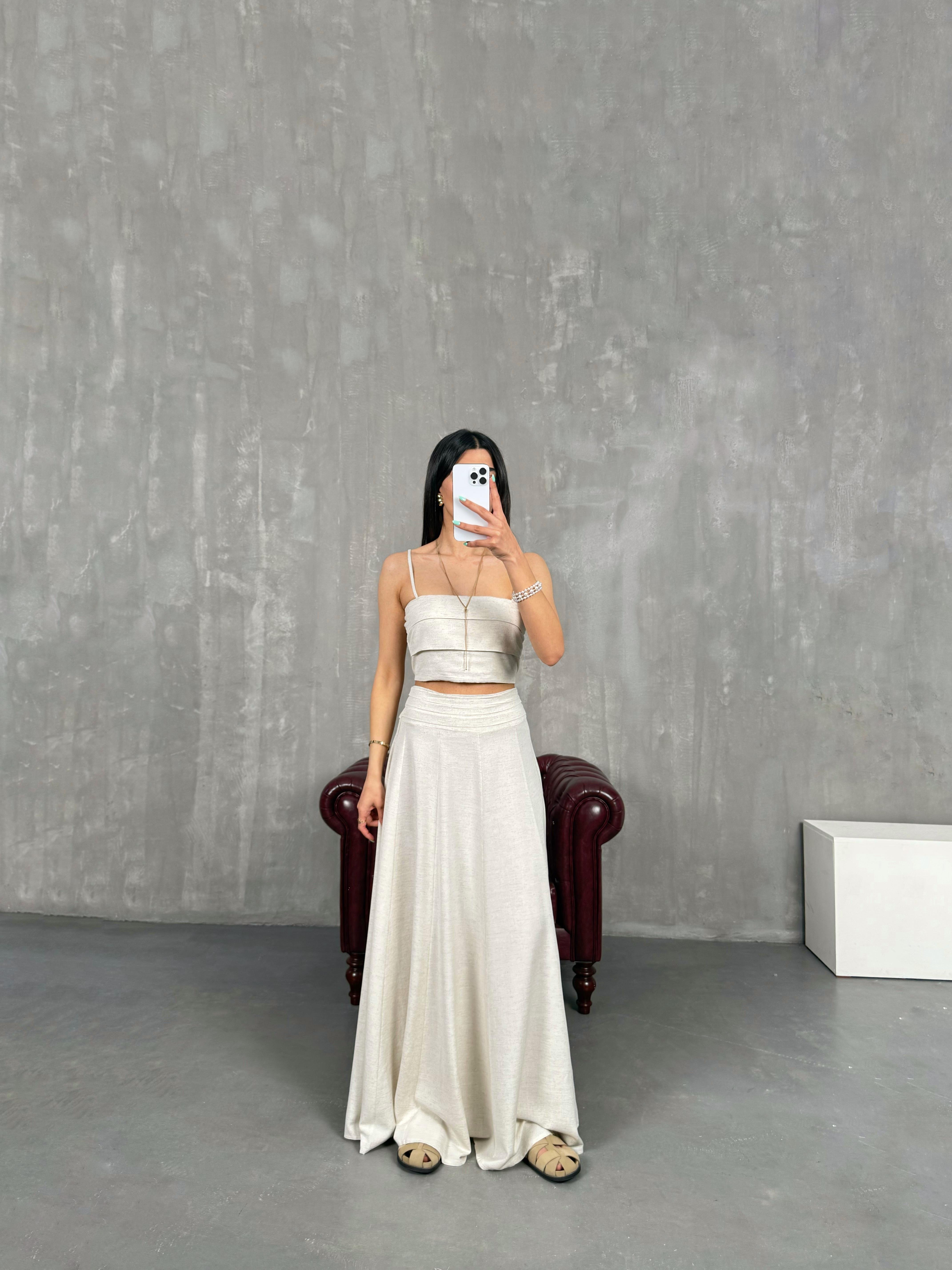 Taş Ayarlanabilir Askılı Straplez Crop Etek İkili Keten Takım Gaus00248GausTAKIMGU1001574