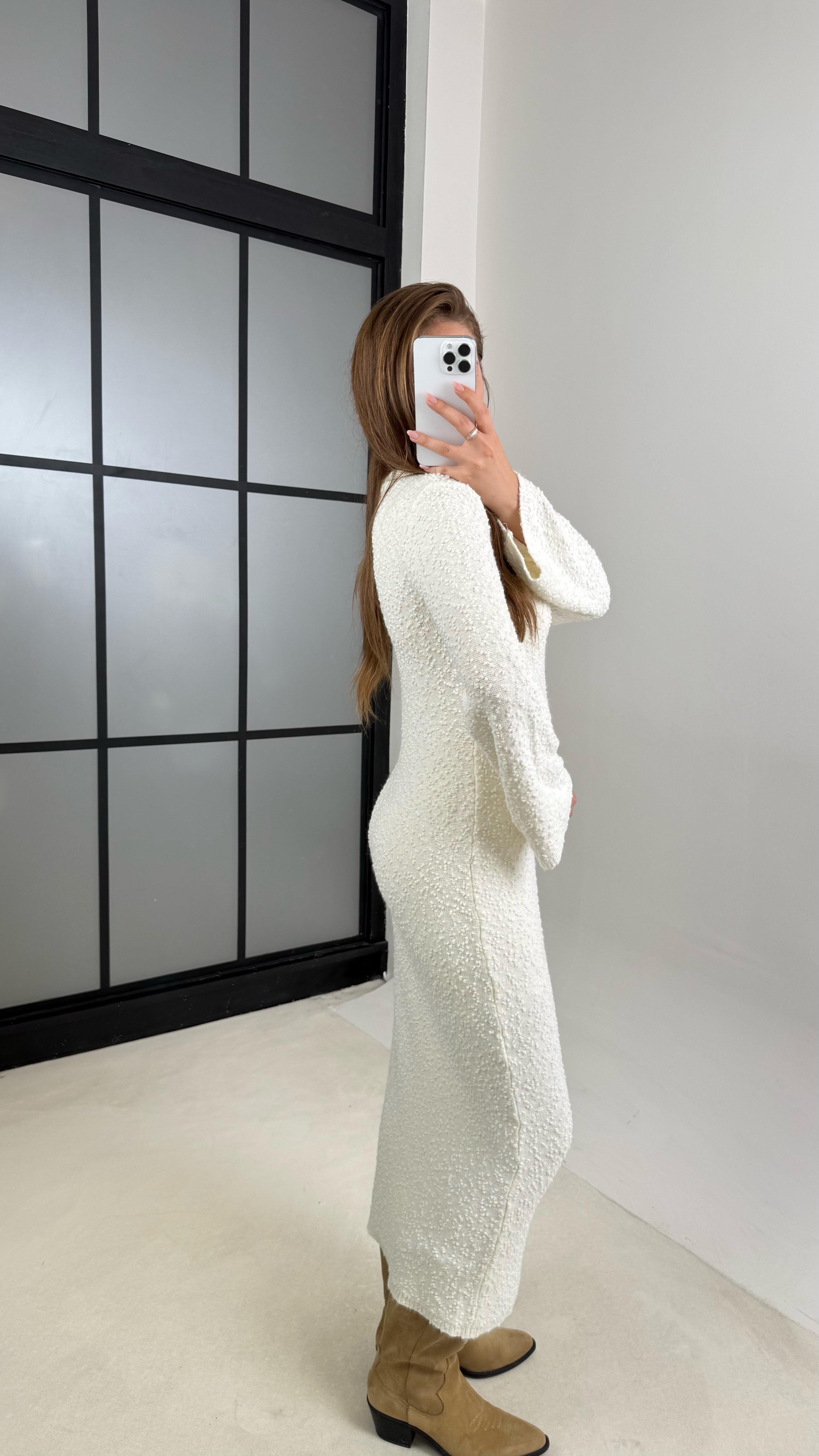 Ekru Bisiklet Yaka Tasarım Uzun Triko Elbise GAUS-00125GAUSELBİSEGAUS-00125