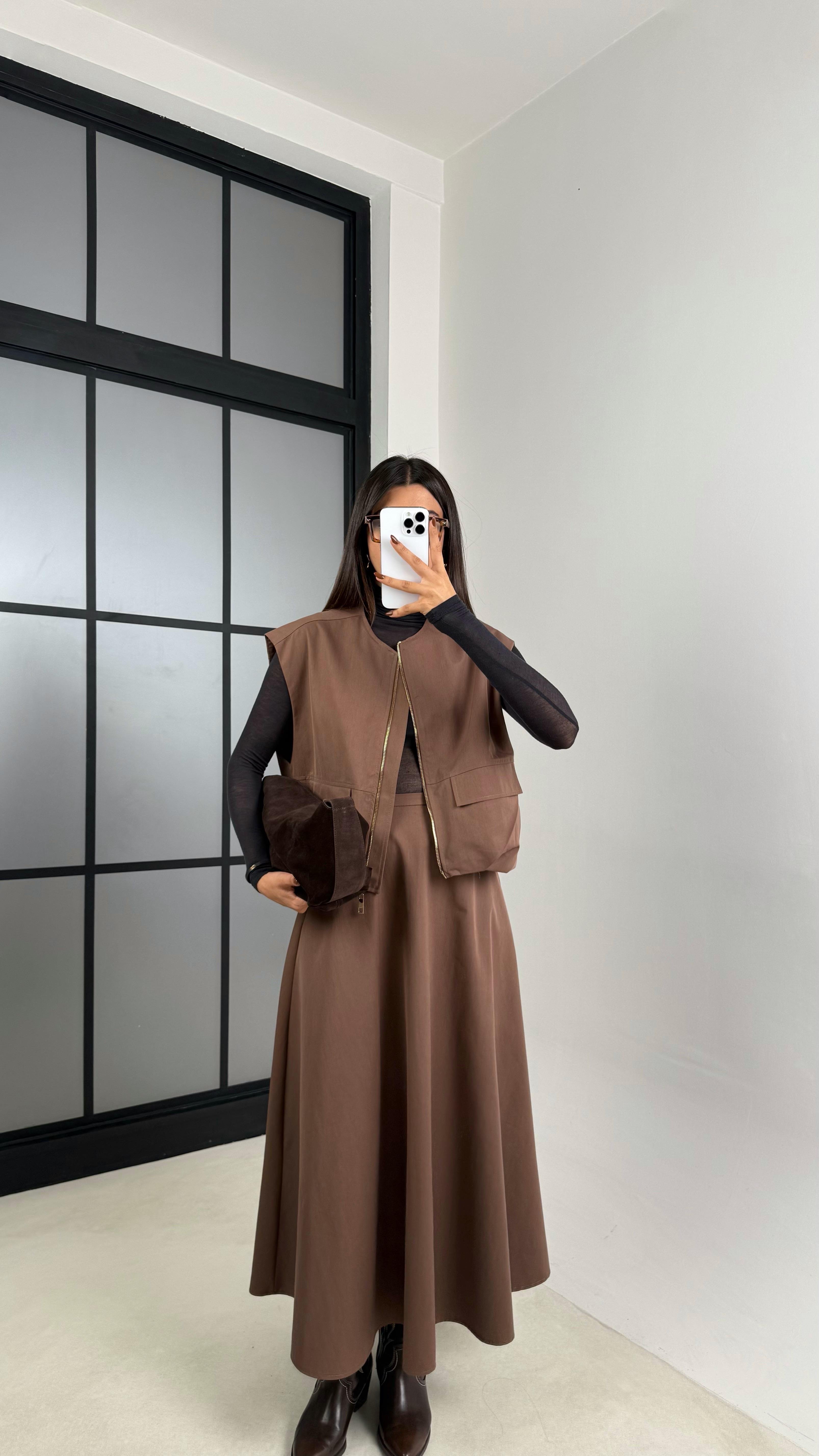 Kahve Astarlı Cep Detaylı Yelek Etek İkili Premium Takım GAUS-00181GAUSTAKIMGAUS-00181