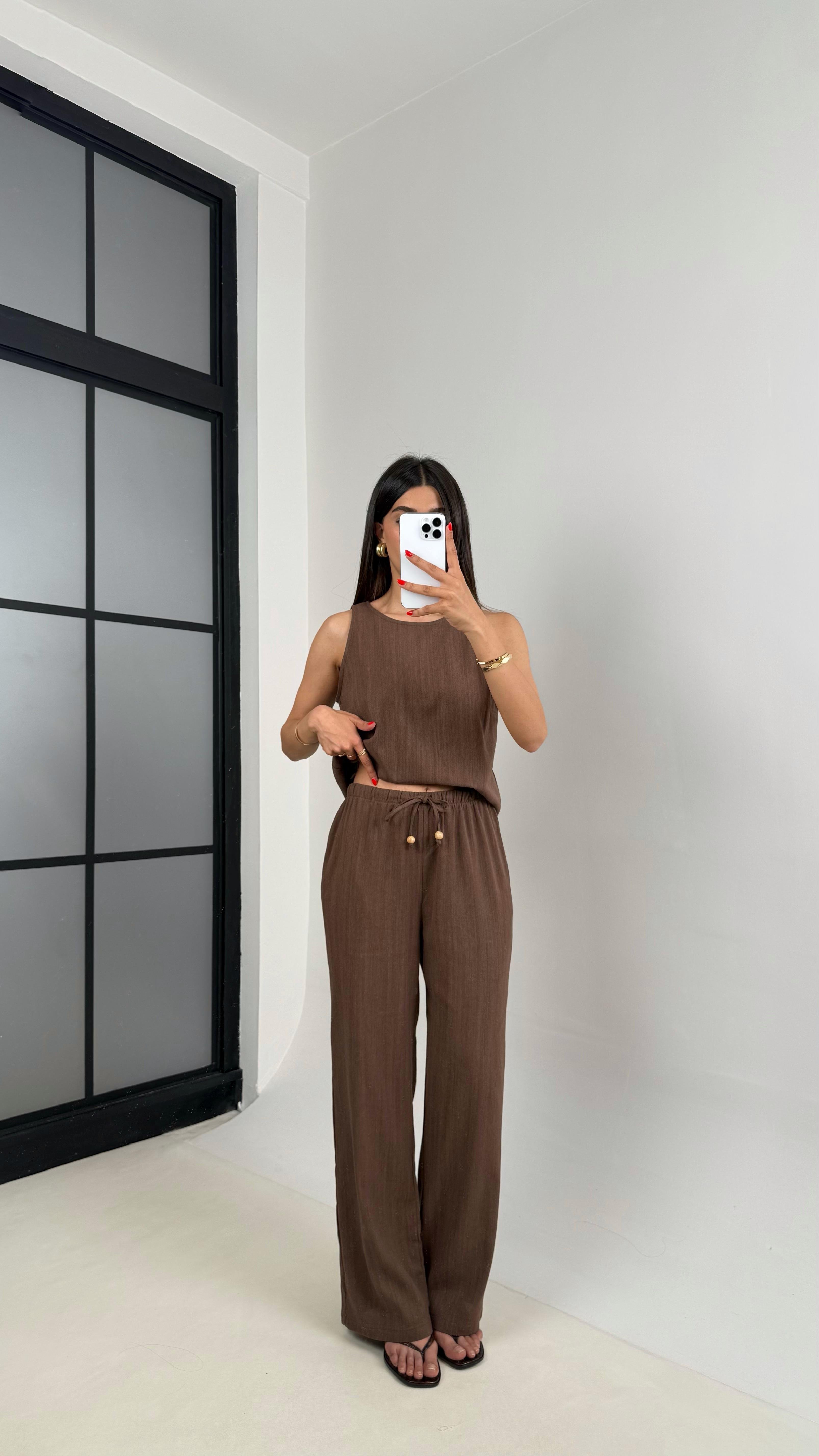 Kahve Sıfır Kol Bluz Beli Lastikli Pantolon Md Muadil Keten Takım Gaus00495 GausTAKIMGU1002161