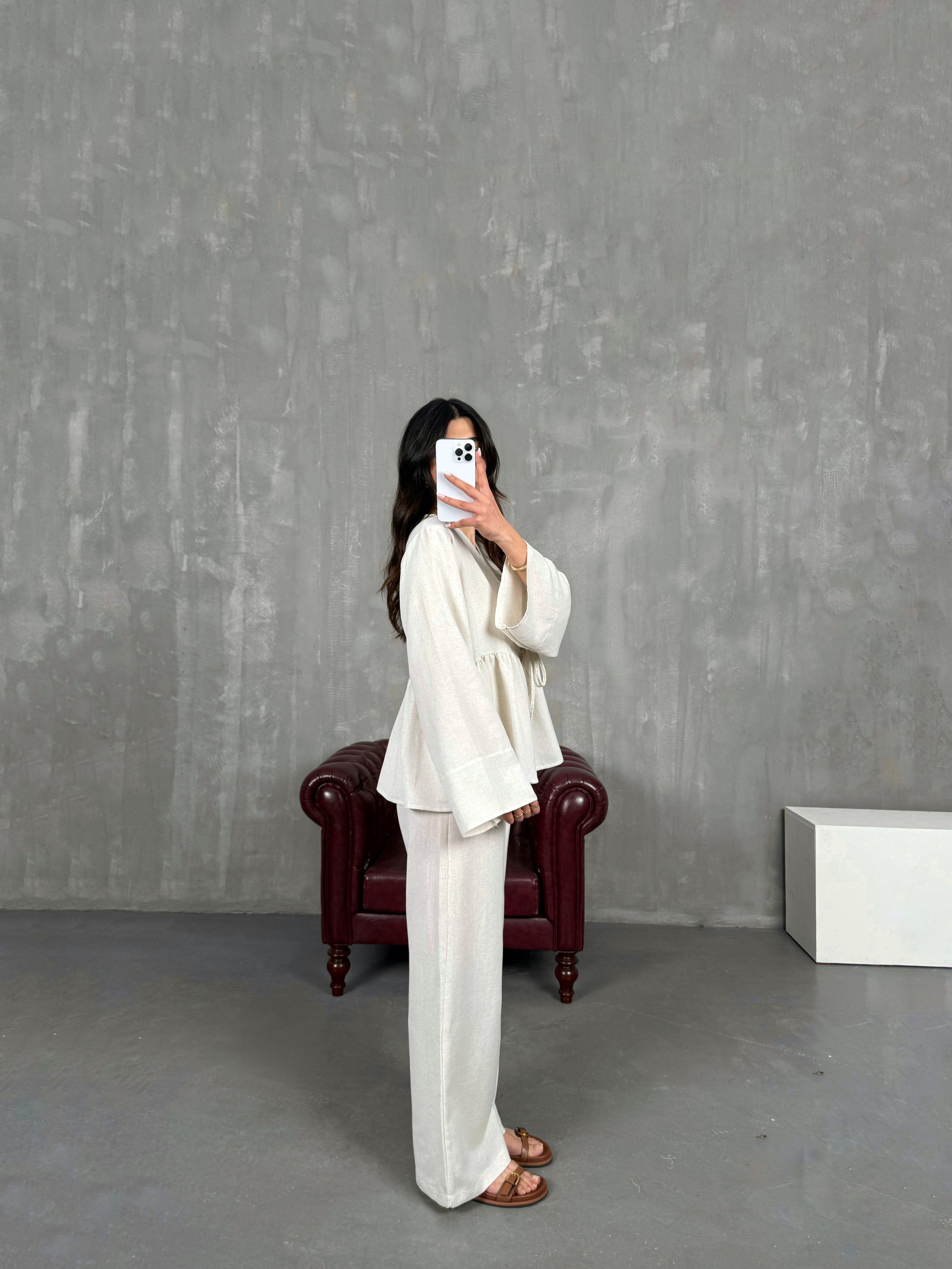 Taş Önü Bağlamalı Gömlek Beli Lastikli Pantolon İkili Keten Takım Gaus00262GausTAKIMGU1001604