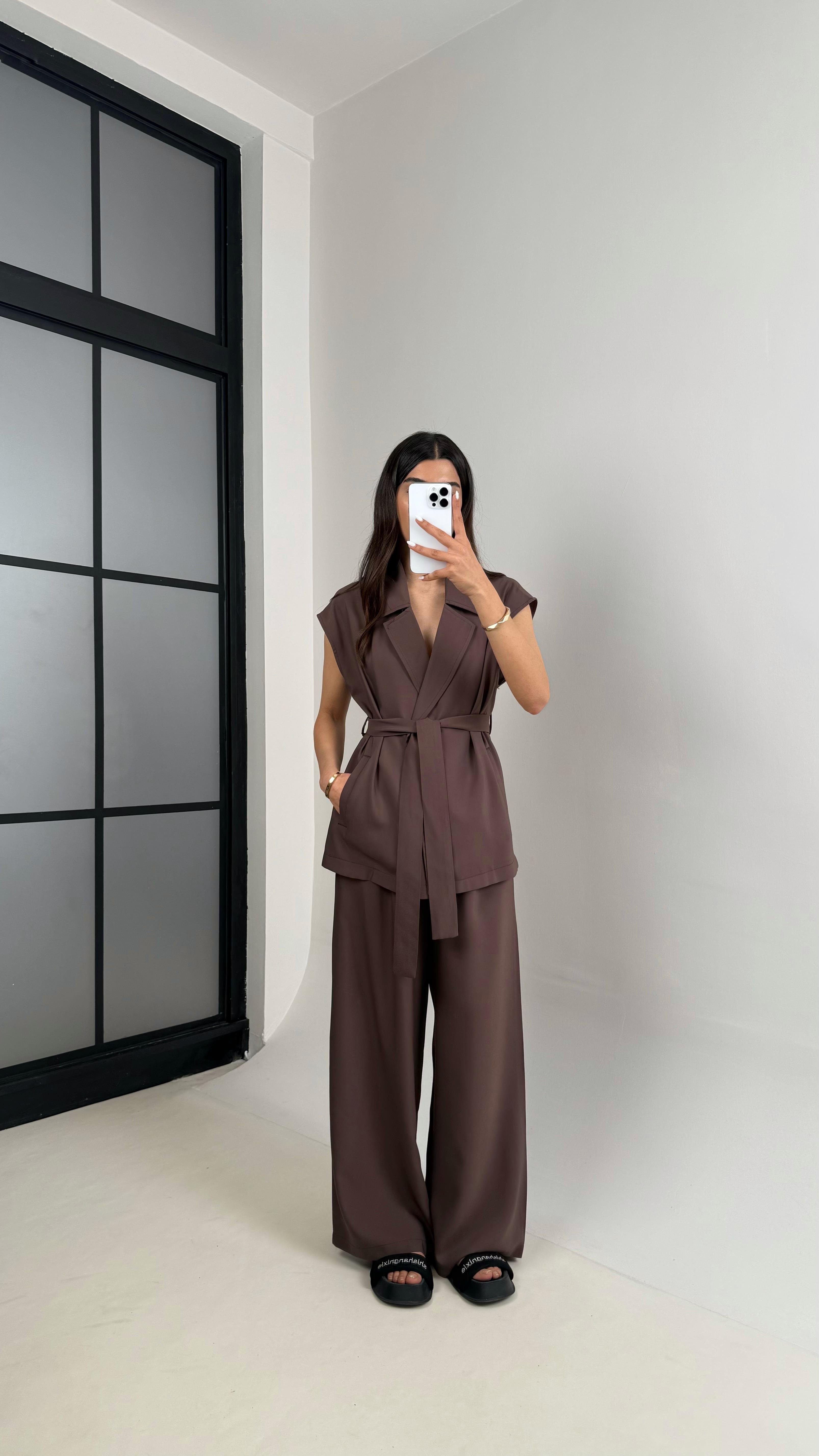 Acı Kahve Cepli Kuşaklı Yelek Beli Lastikli Pantolon Tensel Takım Gaus00433GausTAKIMGU1002004