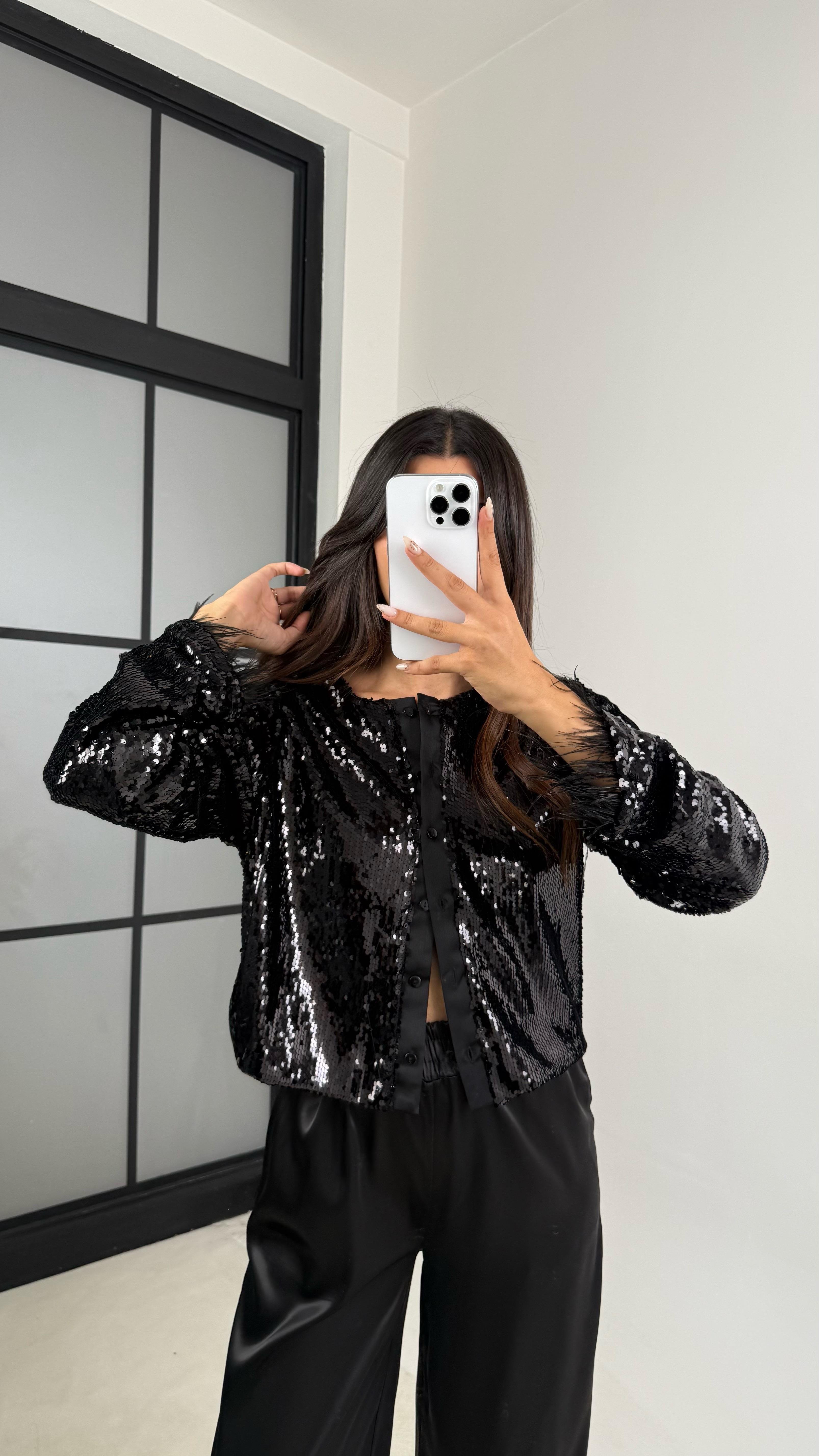 Siyah Pul Payetli Astarlı Tasarım Ceket Gömlek GAUS-0044GAUS القمصان GAUS-0044