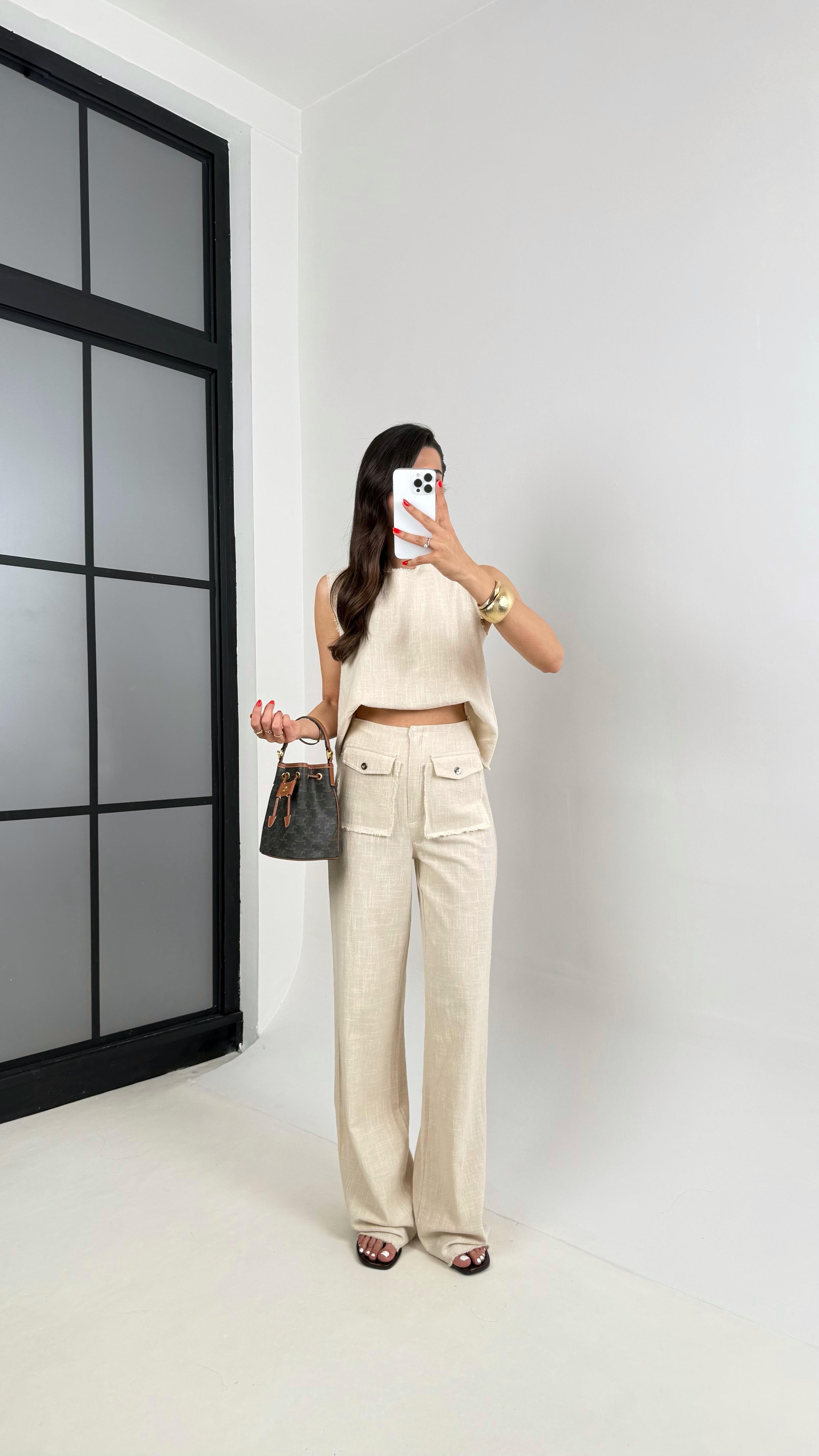 Taş Sıfır Kol Bluz Cep Detaylı Pantolon Keten Takım Gaus00458 GausTAKIMGU1002067