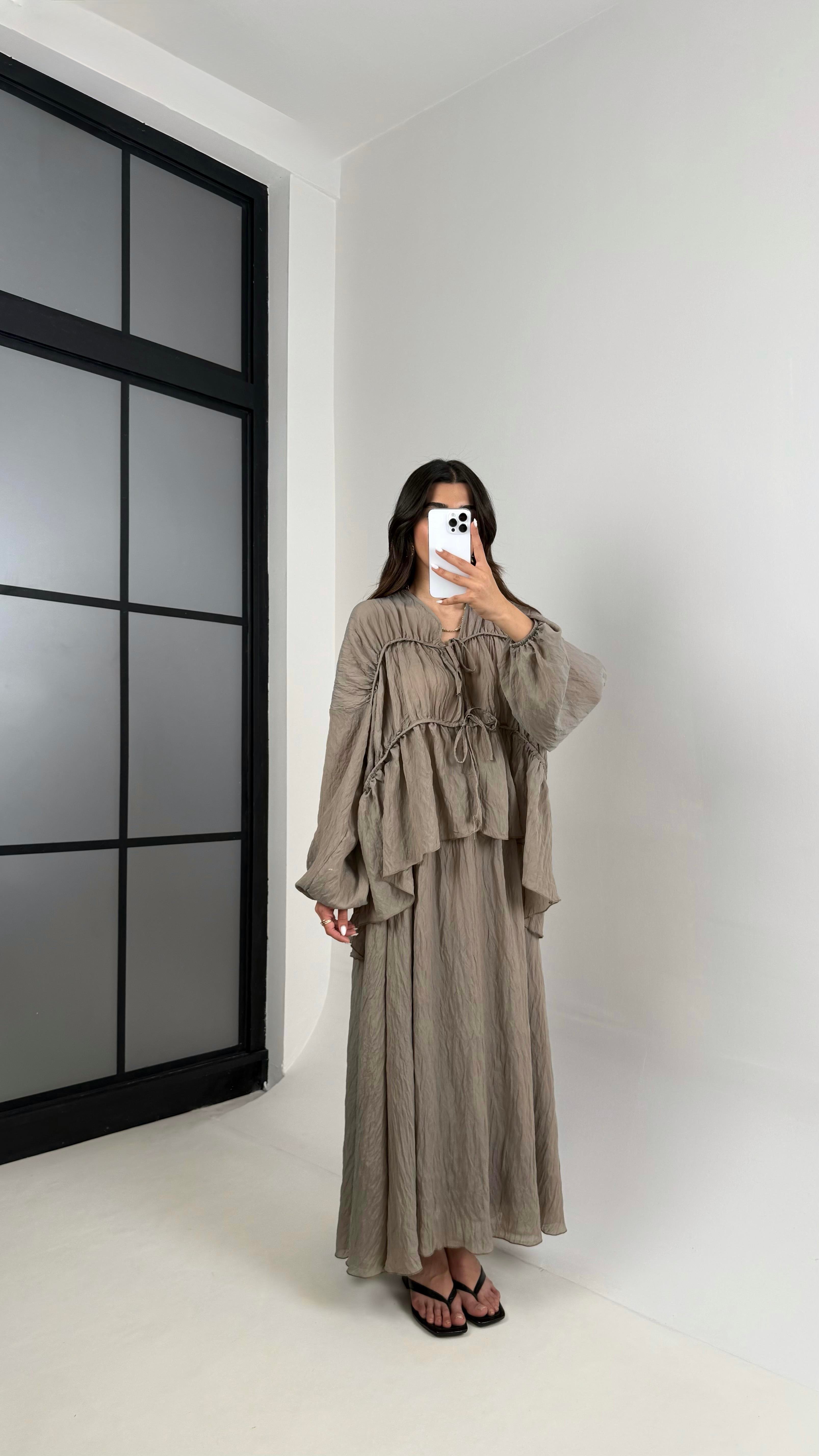 Haki Gipeli Önden Bağlamalı Üst Astarlı Etek İkili Kırışık Kumaş Takım Gaus00426GausTAKIMGU1001993