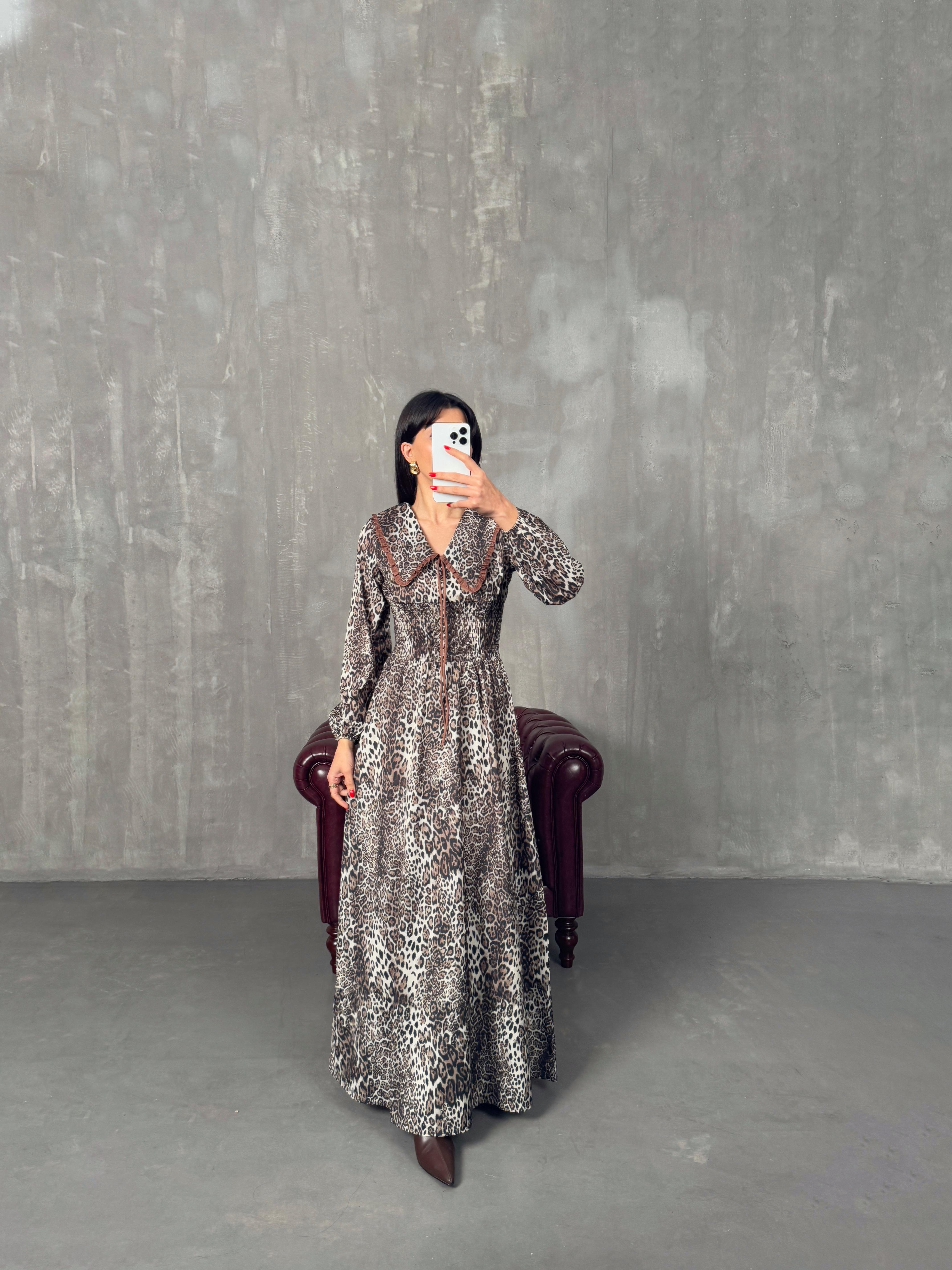 Leopar Desenli Yakalı Beli Lastikli ElbiseGausELBİSEGU00904330