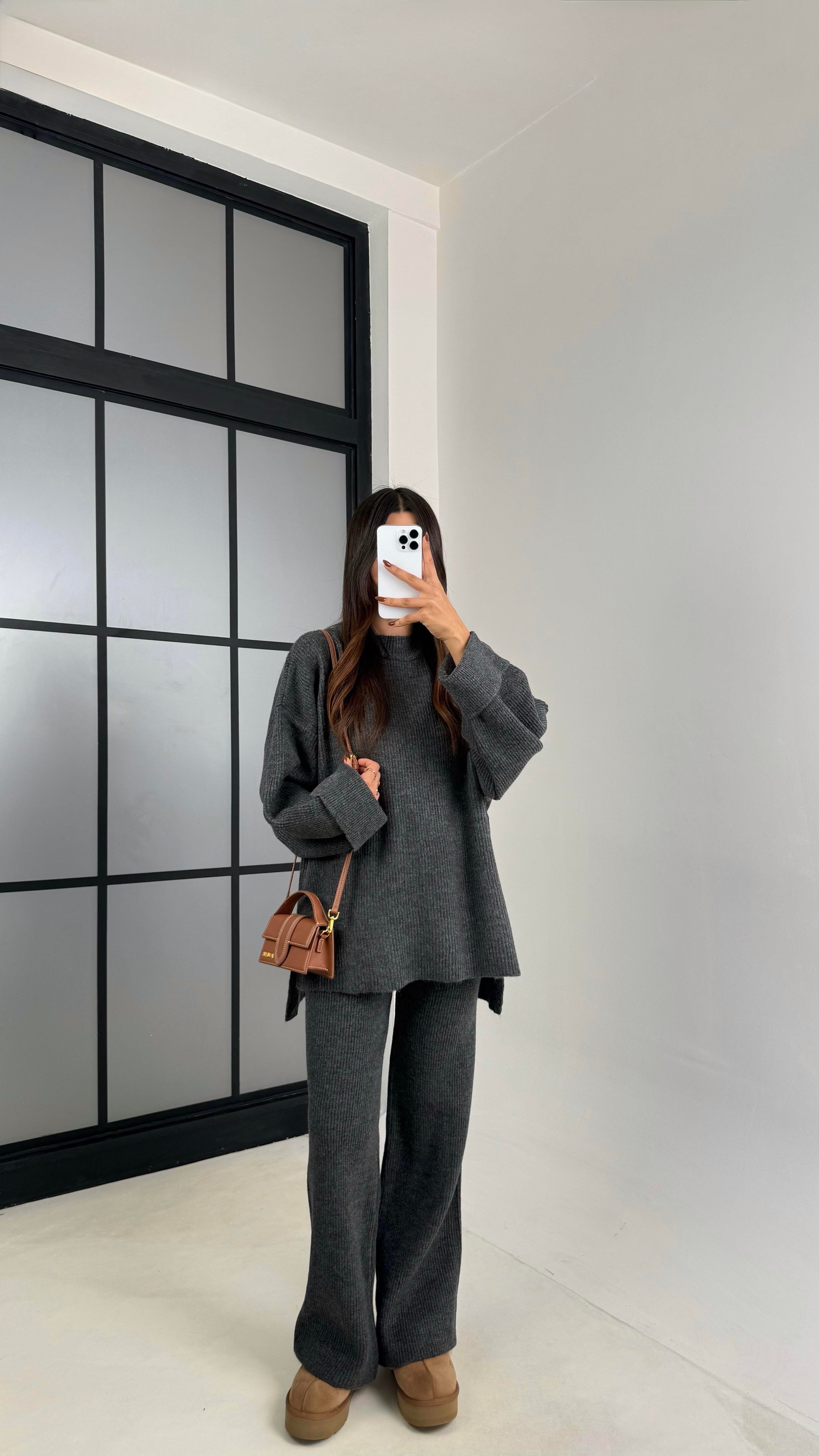 Antrasit Duble Kol Kazak Beli Lastikli Pantolon Triko Takım GAUS-00200GAUSTAKIMGAUS-00200